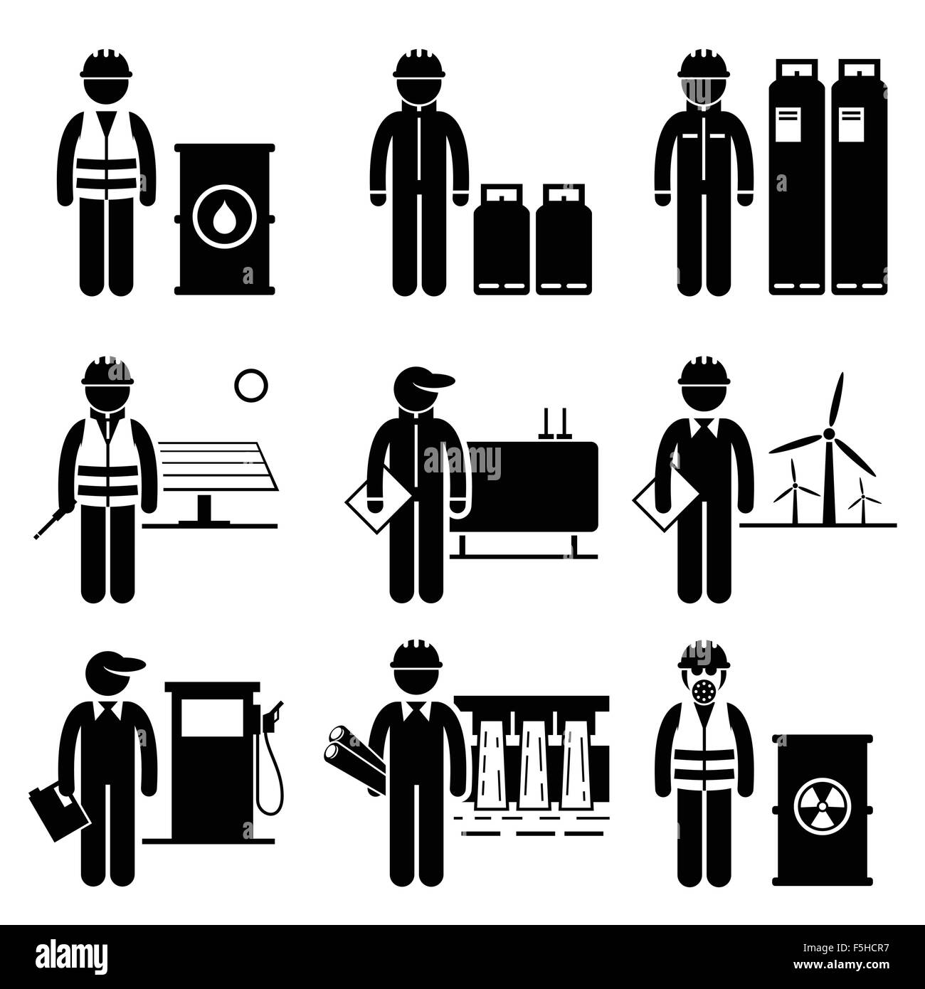 Rohstoffe Energie Kraftstoff macht Strichmännchen Piktogramm Icons Stock Vektor