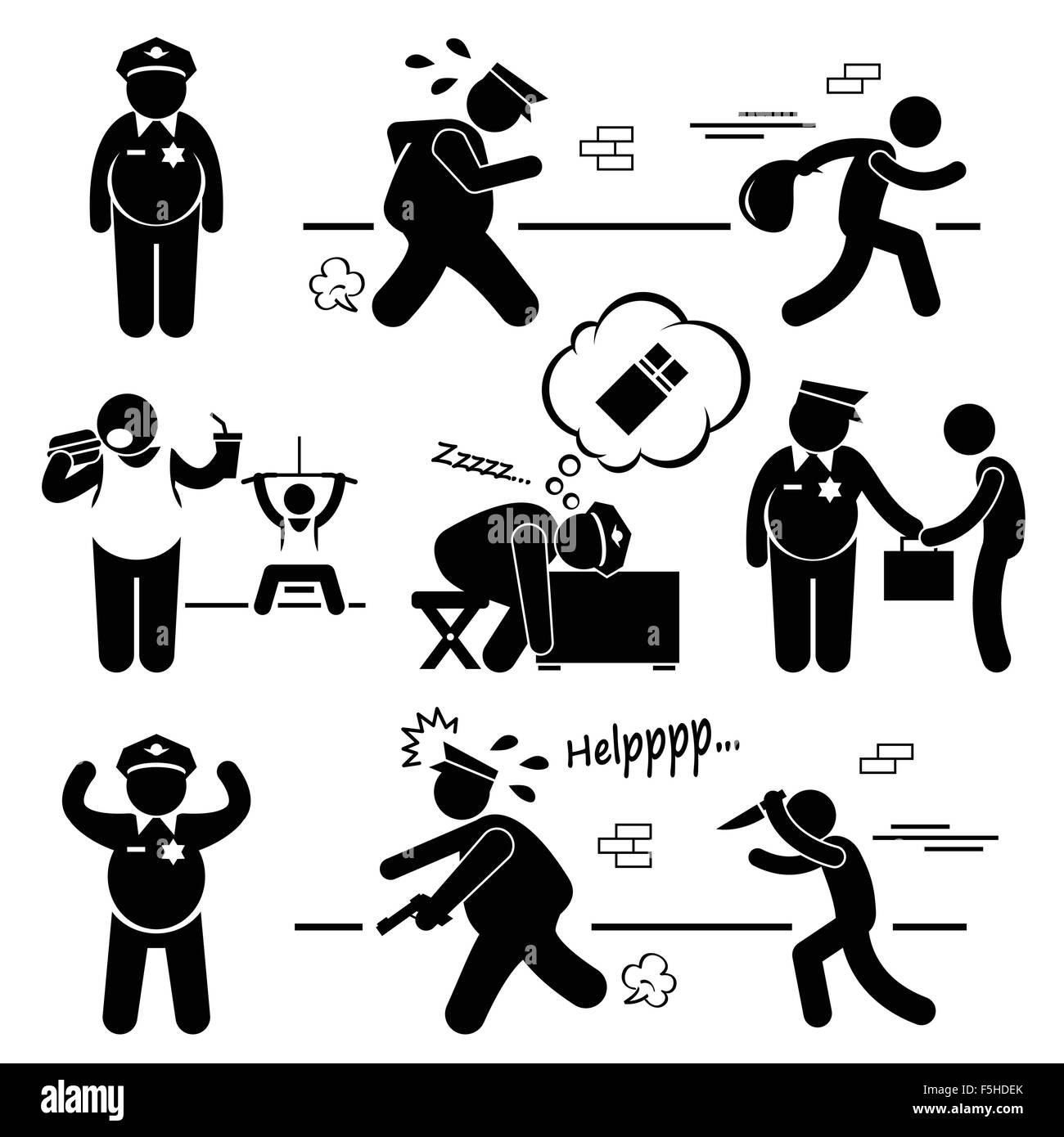 Big Fat Lazy Polizei Polizist Strichmännchen Piktogramm Symbol Cliparts Stock Vektor