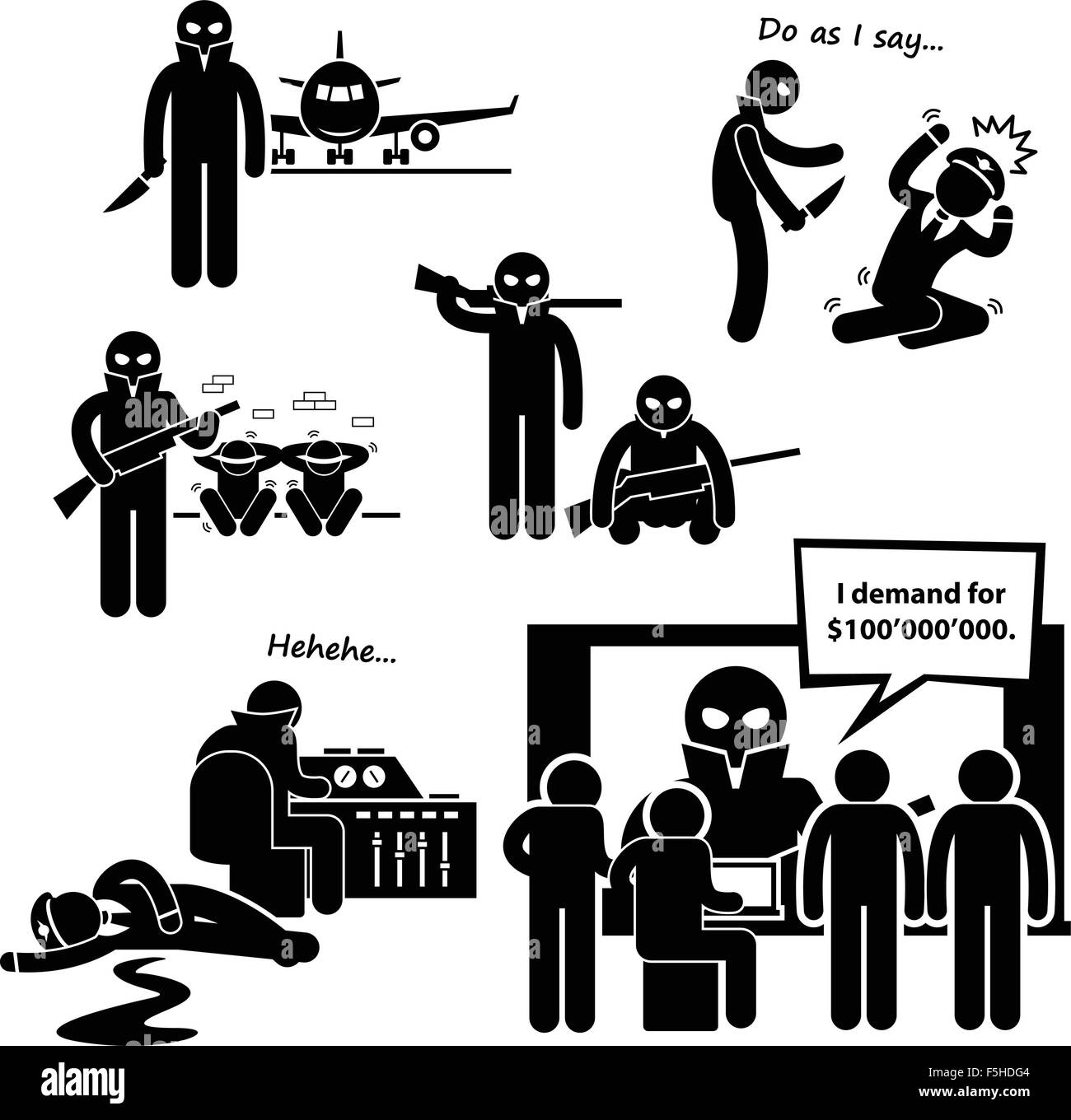 Entführer terroristischen Flugzeug Strichmännchen Piktogramm Symbol Clipart Stock Vektor