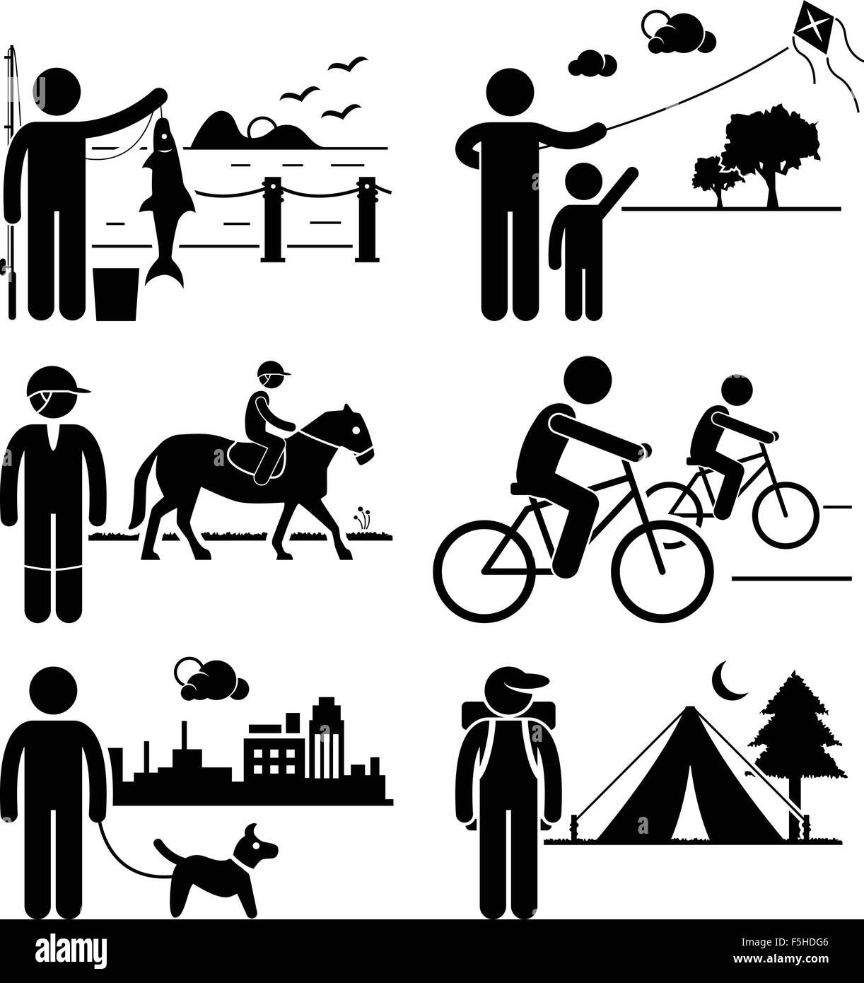 Freizeit-Outdoor-Freizeit-Aktivitäten - Angeln, Kite, Pferd Reiten, Radfahren, Hund wandern, Camping - Strichmännchen-Piktogramm Stock Vektor
