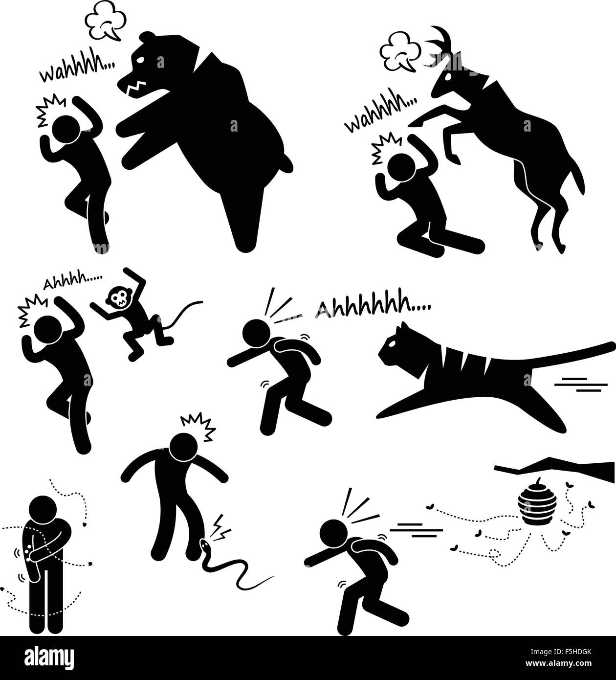 Wildes Tier Angriff verletzt menschlichen Strichmännchen Piktogramm Symbol Stock Vektor