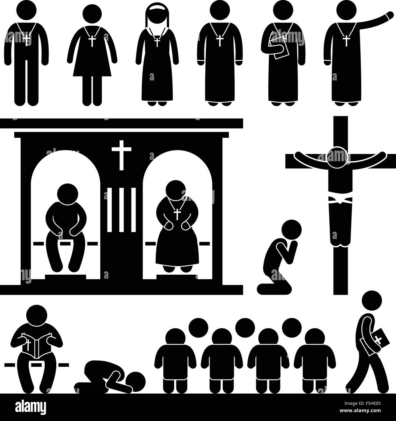 Christliche Religion Kultur Tradition Kirche Gebet Priester Pastor Nonne Strichmännchen Piktogramm Symbol Stock Vektor