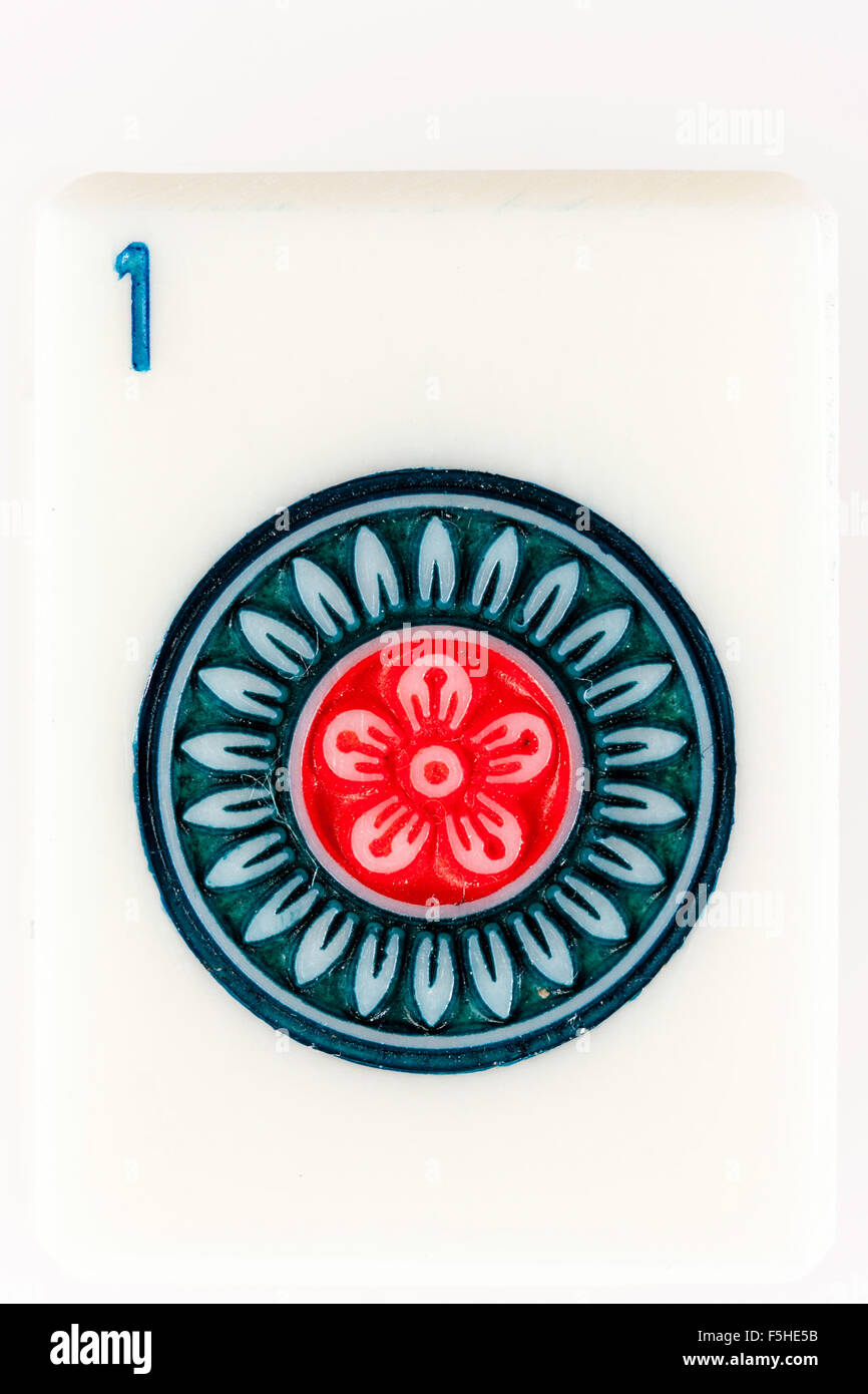 MahJong, chinesisches Glücksspiel mit nummerierten Karten, oder Fliesen gespielt. Einzelnen Kachel, Karte, aus den Kreisen. Nummer 1, 1. Stockfoto