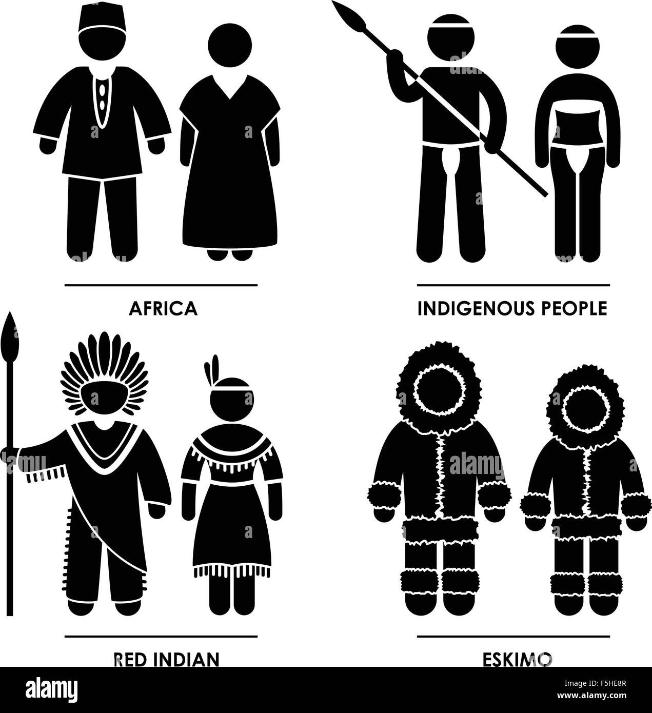 Afrika Indianer Eskimo Mann Frau nationalen Tracht Kleid Kleidung Symbol Symbol Zeichen Piktogramm Stock Vektor