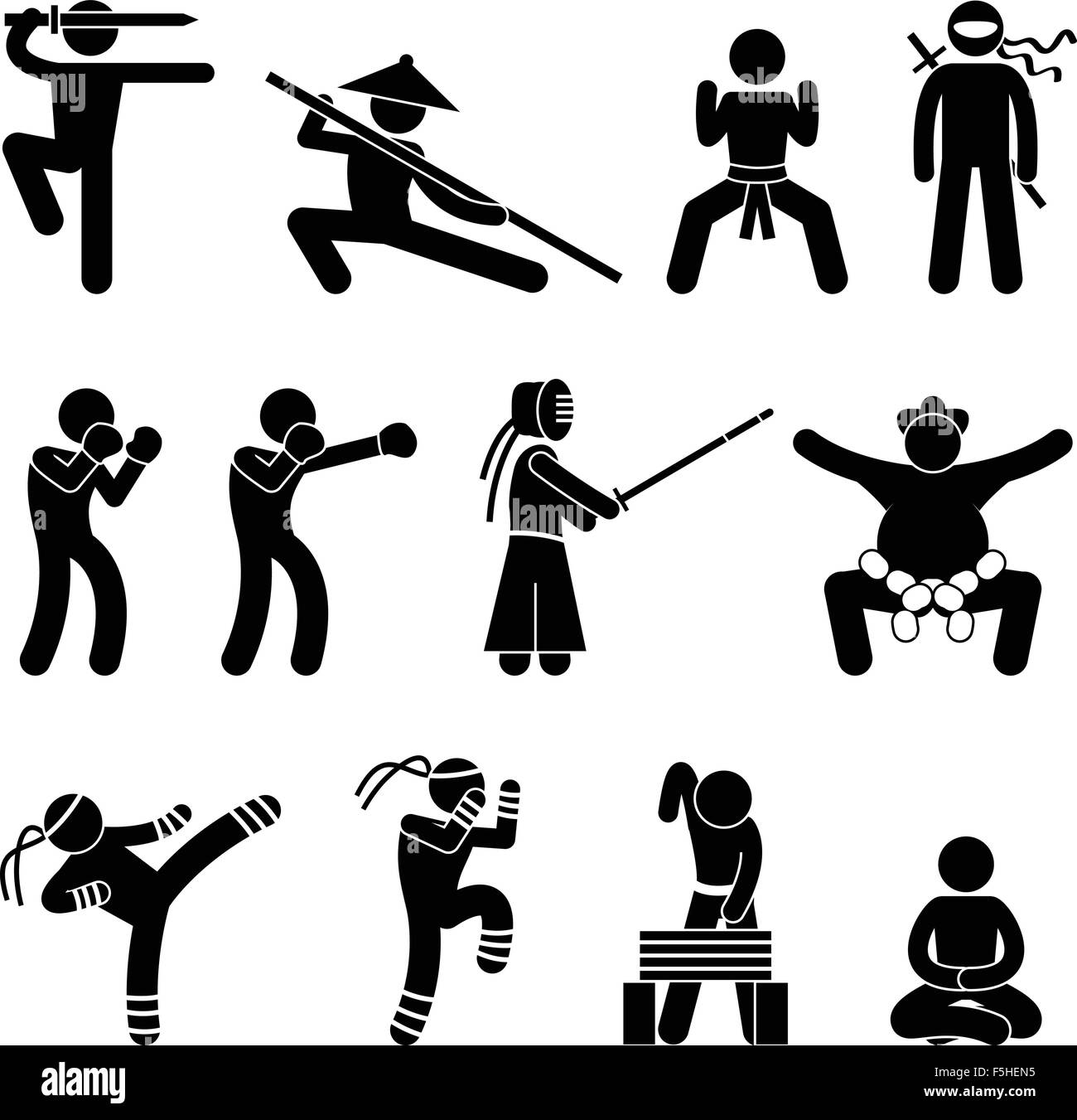 Kung Fu Martial Arts Selbstverteidigung chinesischen Wushu Ninja Boxer Kendo Sumo Muay Thai Symbol Symbol Zeichen Piktogramm Stock Vektor