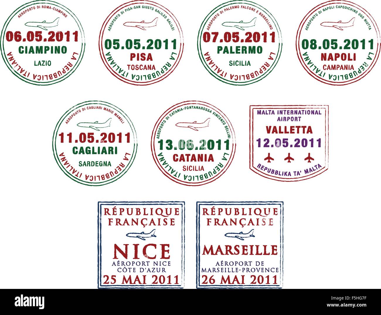 Passstempel aus Frankreich, Italien und Malta im Vektor-Format. Stock Vektor
