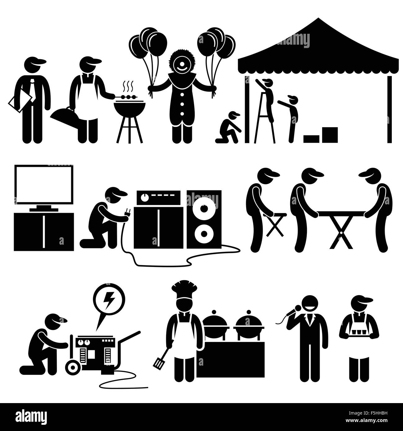 Feier Party Festival Veranstaltung Dienstleistungen Strichmännchen Piktogramm Icons Stock Vektor