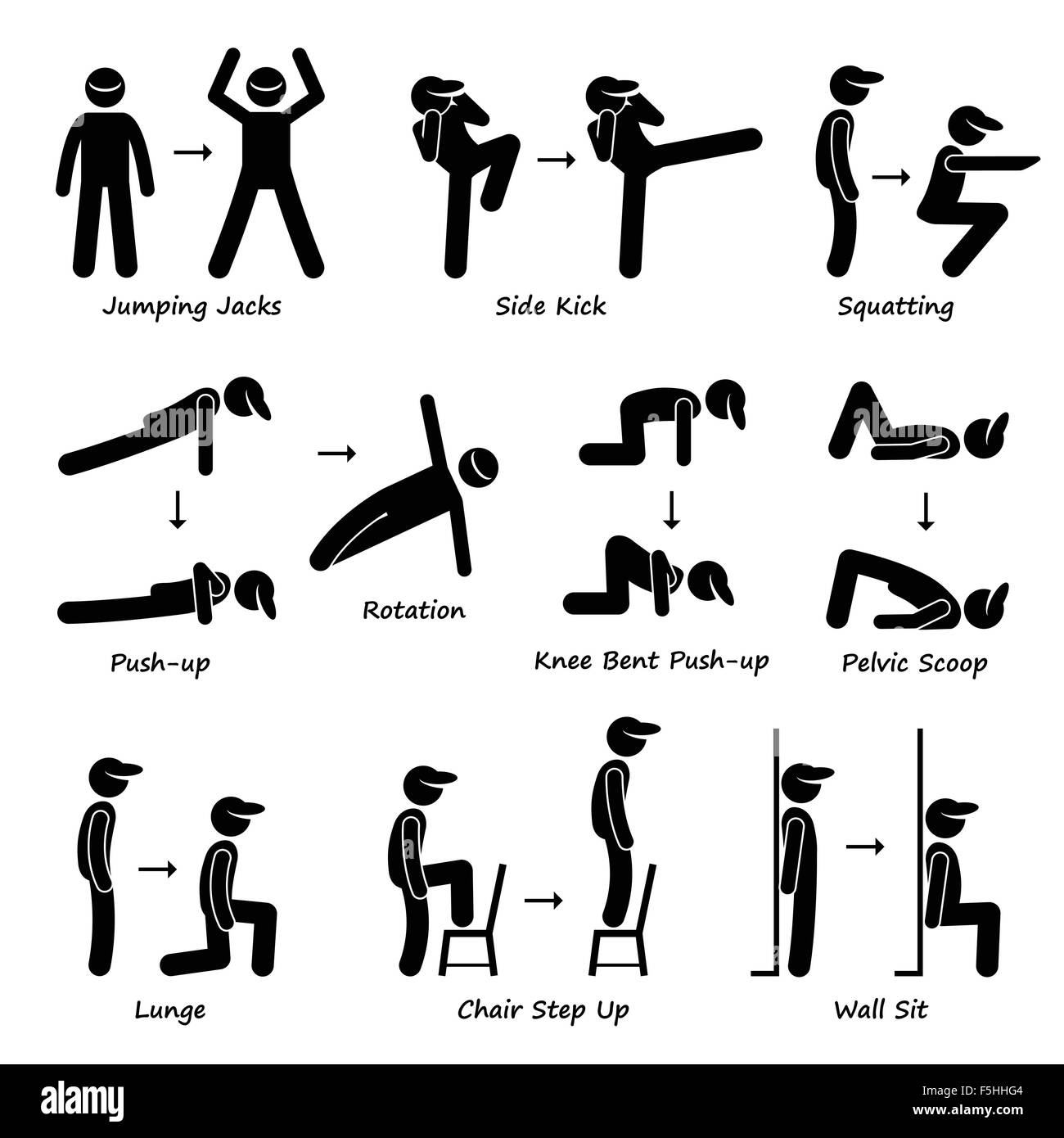 Body Workout Übung Fitness Training (Satz 1) Strichmännchen Piktogramm Icons Stock Vektor