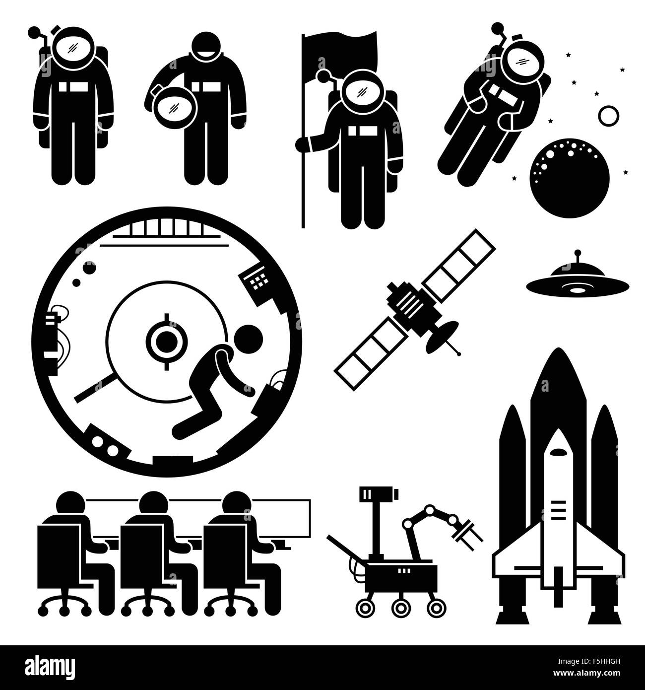 Astronaut Space Exploration Strichmännchen Piktogramm Icons Stock Vektor