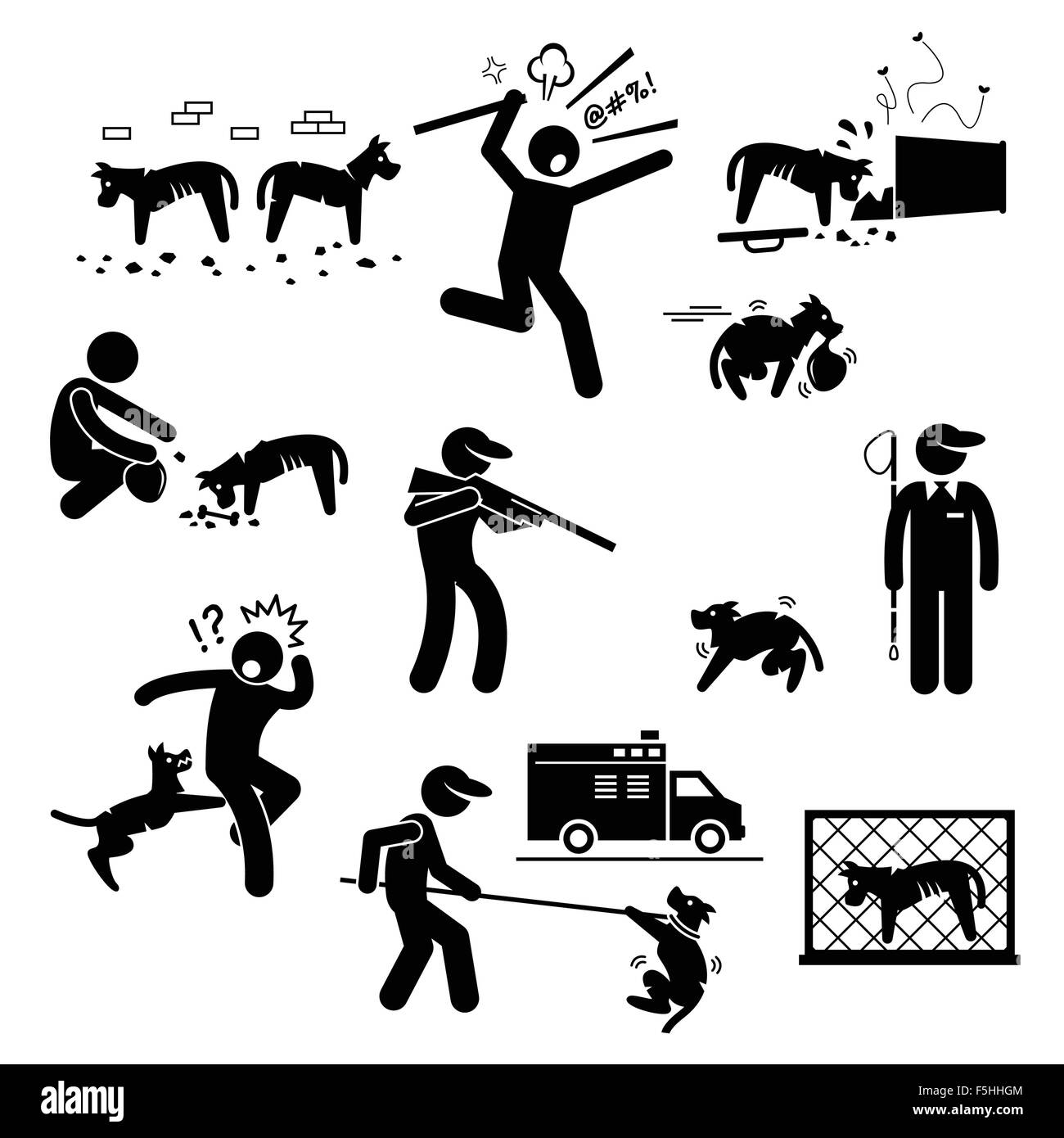 Streunender Hund Problem Thema Strichmännchen Piktogramm Icons Stock Vektor