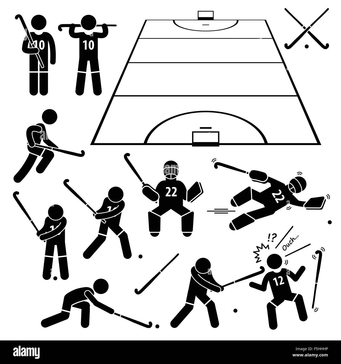 Fangen Sie Hockey auf Spieleraktionen stellt Strichmännchen Piktogramm Icons Stock Vektor