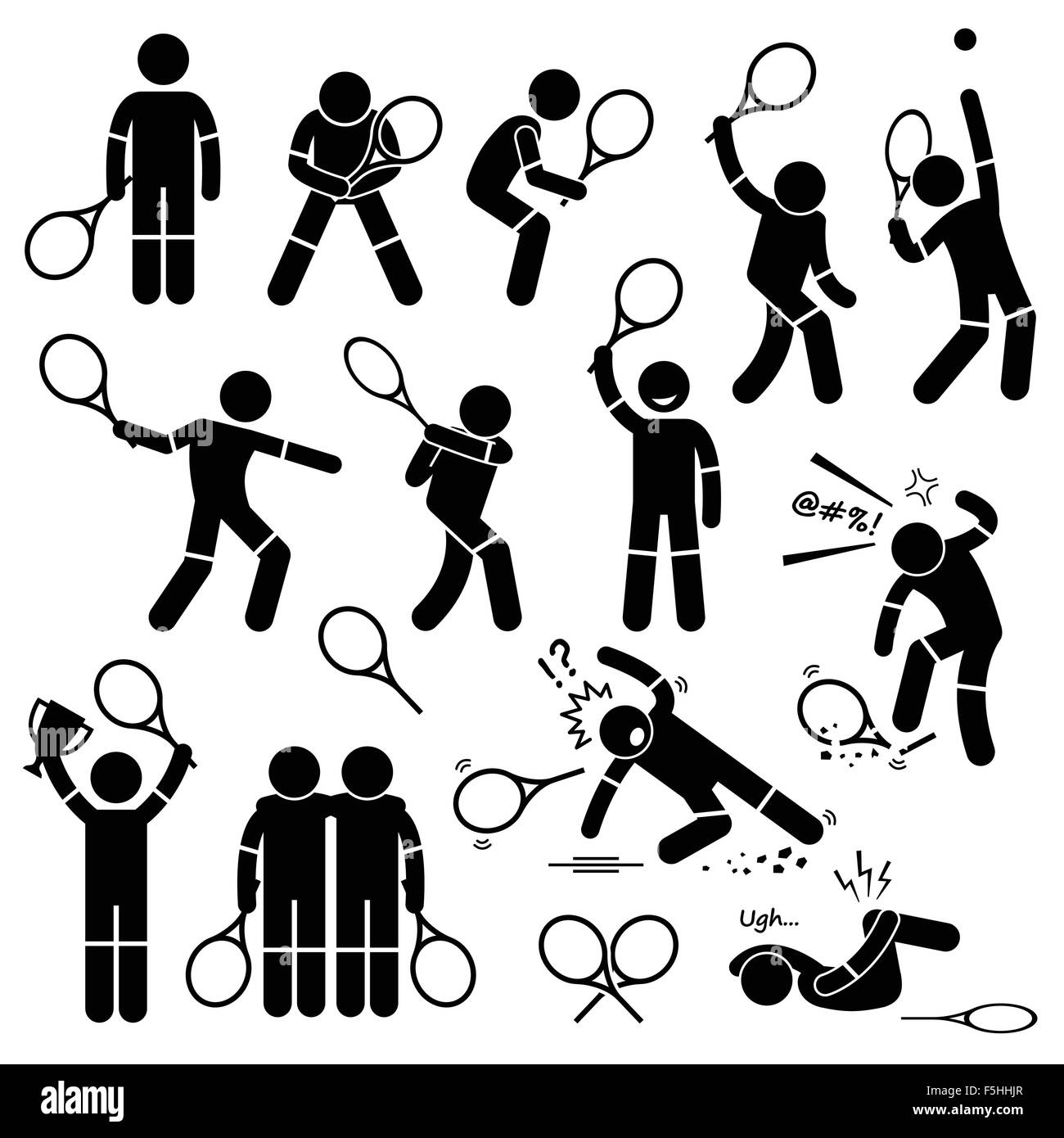 Tennis Spieleraktionen stellt Haltungen Strichmännchen Piktogramm Icons Stock Vektor
