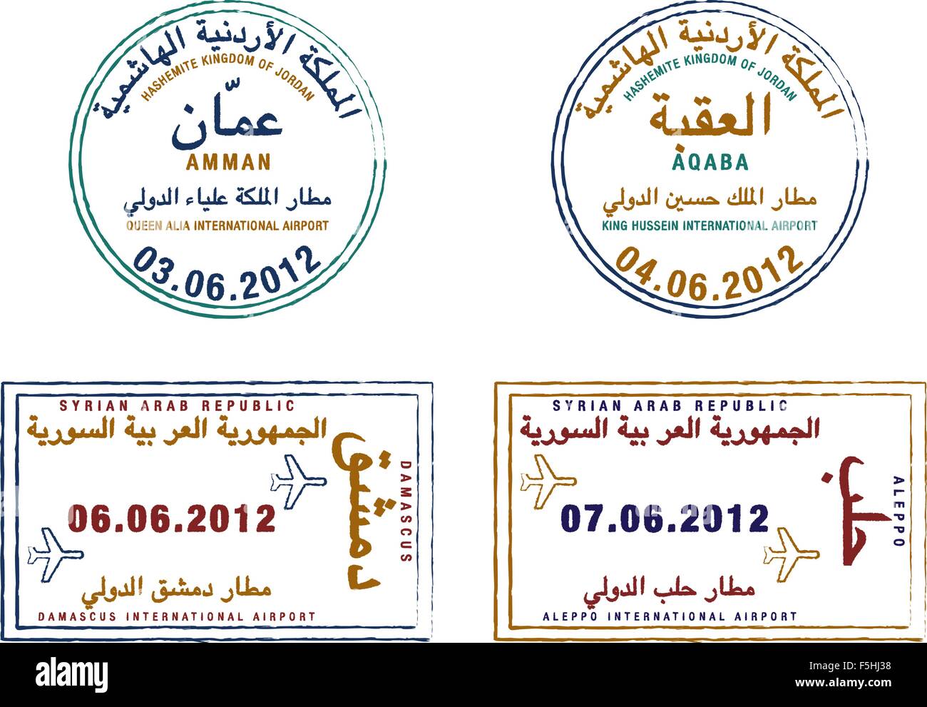 Stilisierte Passstempel von Jordanien und Syrien im Vektor-Format. Stock Vektor