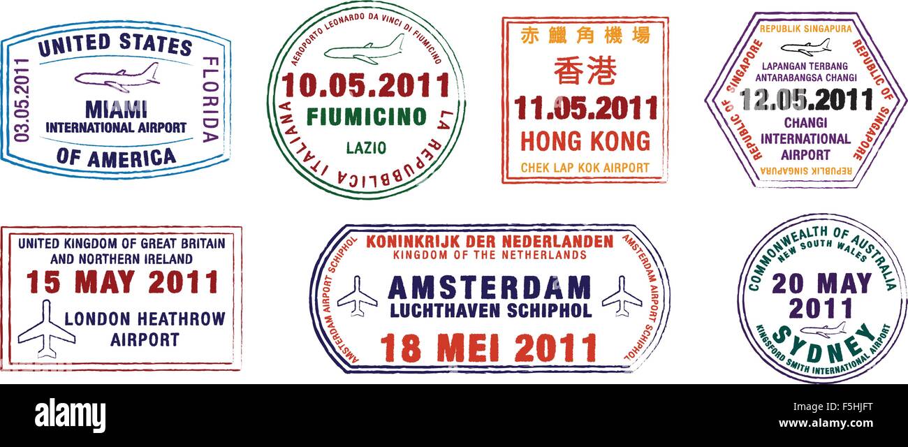 Eine Auflistung der Welt Flughafen Briefmarken im Vektor-Format. Stock Vektor