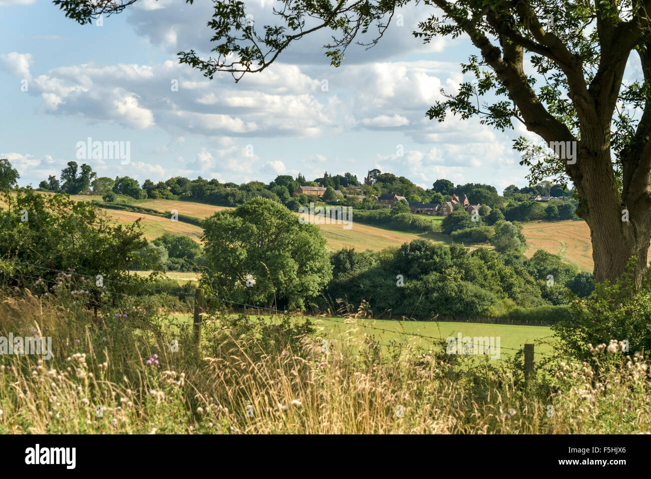 Die Leicestershire Hügel Dorf der Burrough-on-the-Hill, über Felder zu sehen. Stockfoto