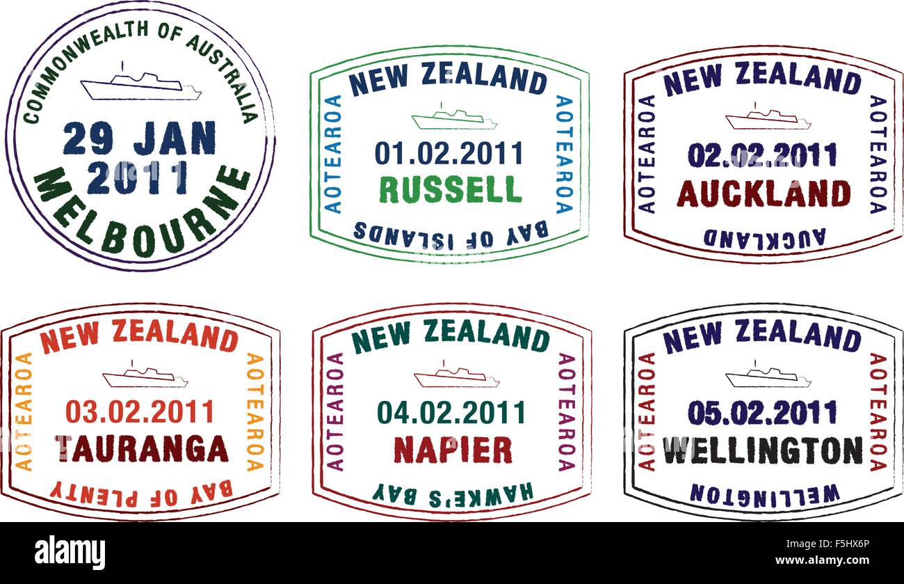 Vektor-stilisierte Passstempel aus Australien und Neuseeland. Stock Vektor