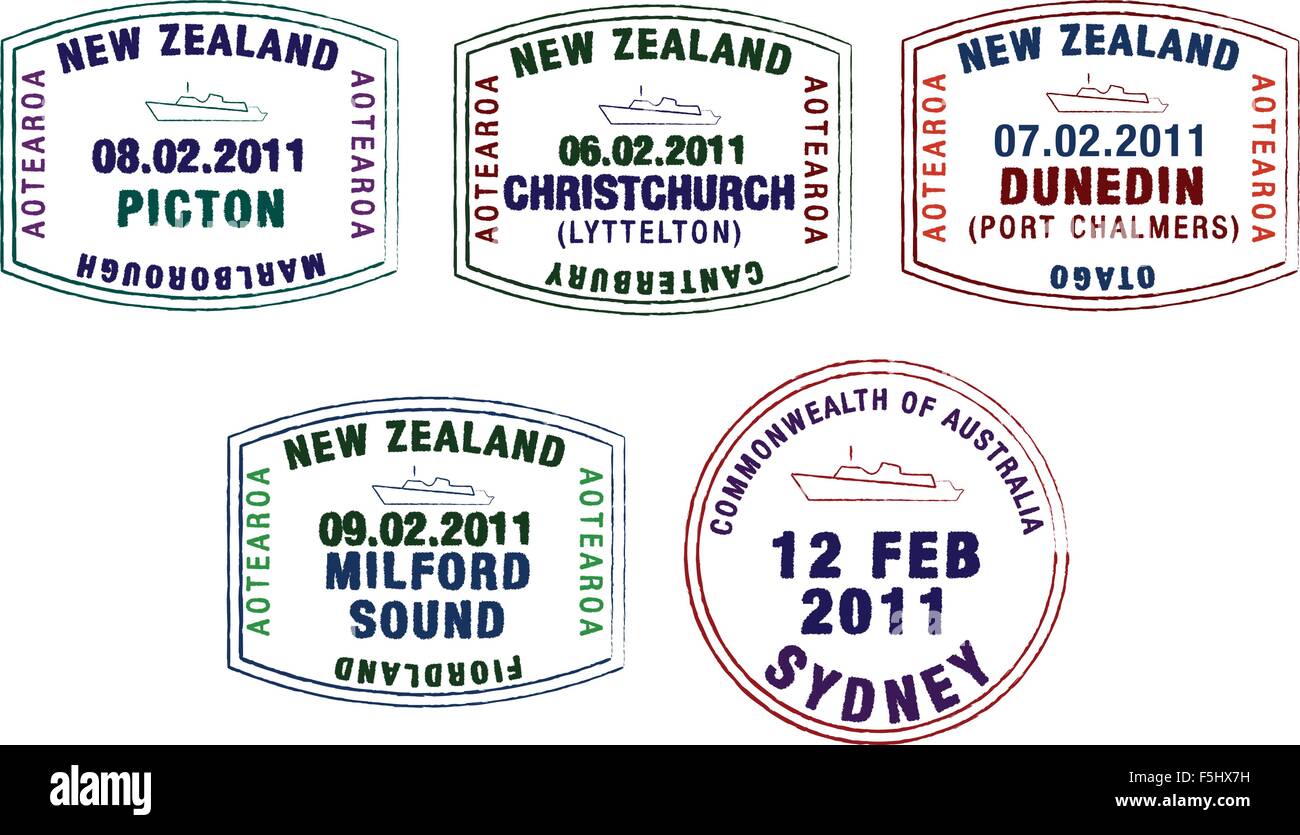 Vektor-stilisierte Passstempel aus Australien und Neuseeland. Stock Vektor