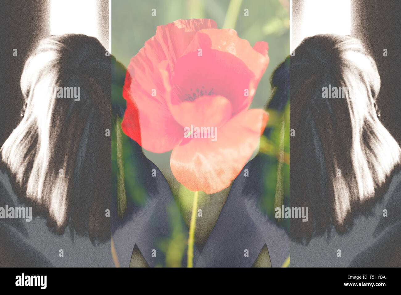 Strukturiert und Doppel-Portrait einer Frau von hinten mit einem roten Mohn in der Mitte angezeigt. Digitale Kunst und Illustration. Stockfoto