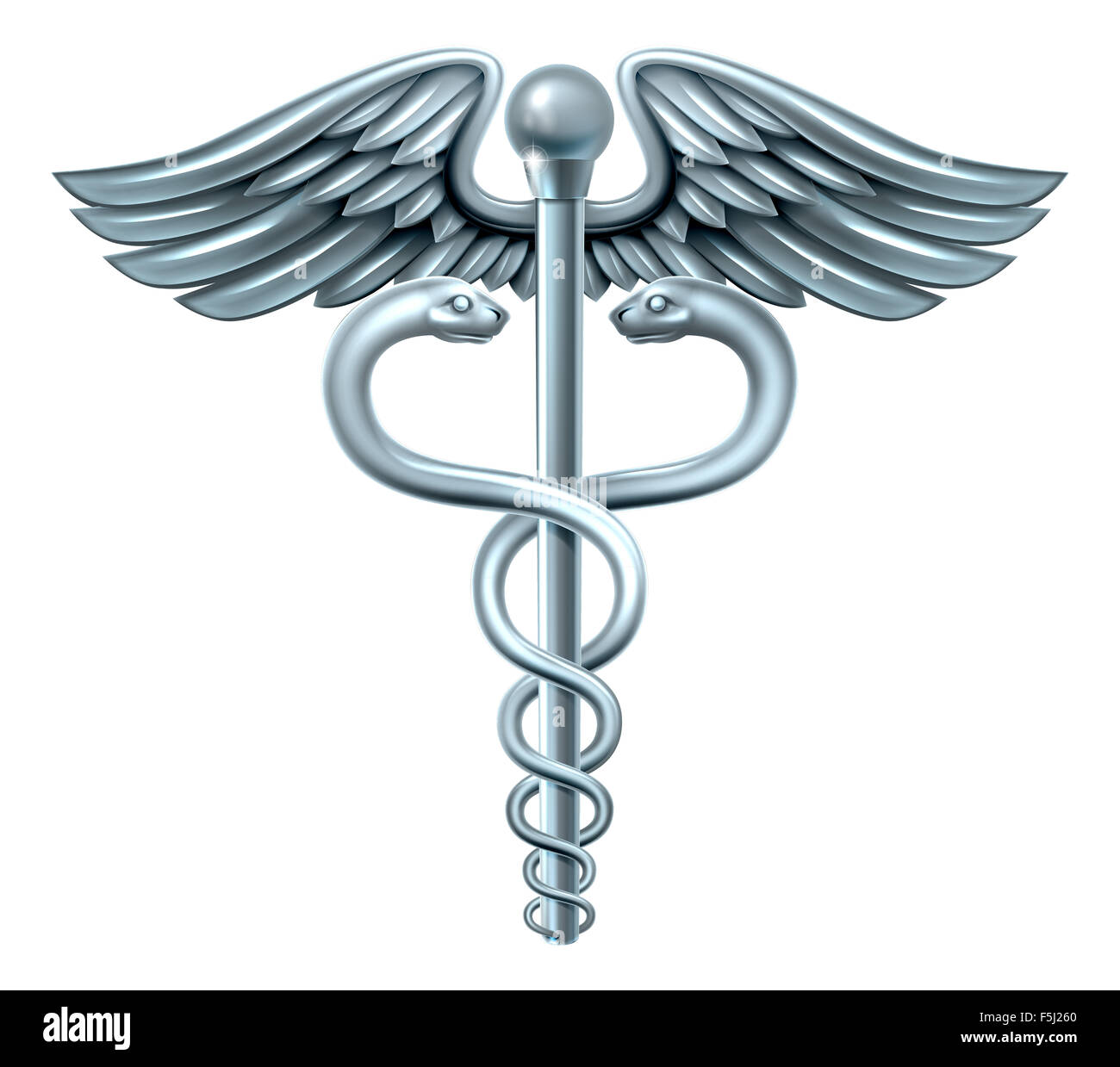 Medizinische oder Symbol für den Handel mit Hermesstab verflochten Schlangen um ein geflügelter Stab Stockfoto