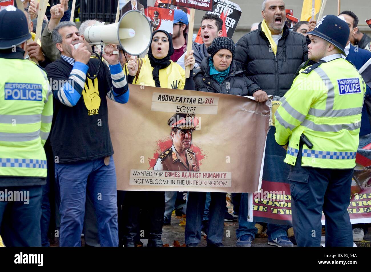 London, UK. 5. November 2015. Demonstranten für und gegen Präsident al-Sisi von Ägypten zu protestieren in Whitehall auf seine Ankunft in der Downing Street den Premierminister Kredit erfüllen: PjrNews/Alamy Live News Stockfoto
