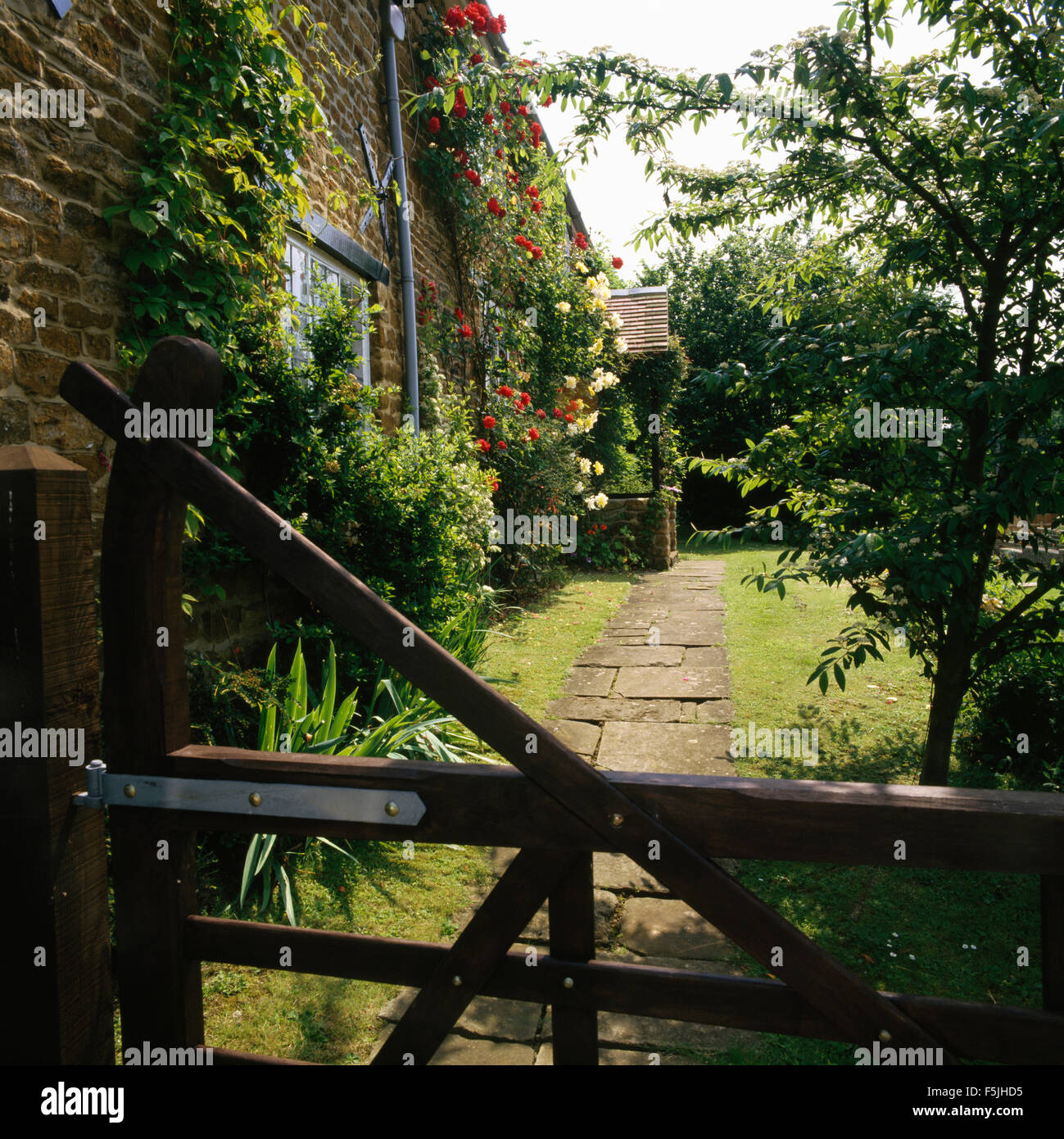 Blick über fünf bar Holztor des Pfads zum Landhaus mit Rosen an den Wänden Stockfoto