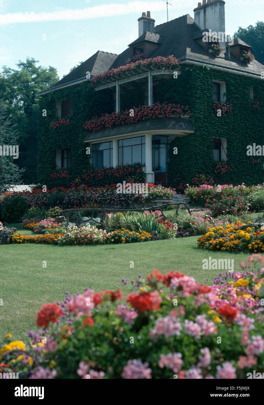 Hellen einjährige Pflanzen wachsen in Grenzen neben Liegewiese im Garten des großen französischen Haus mit bunten Blumenkästen Stockfoto