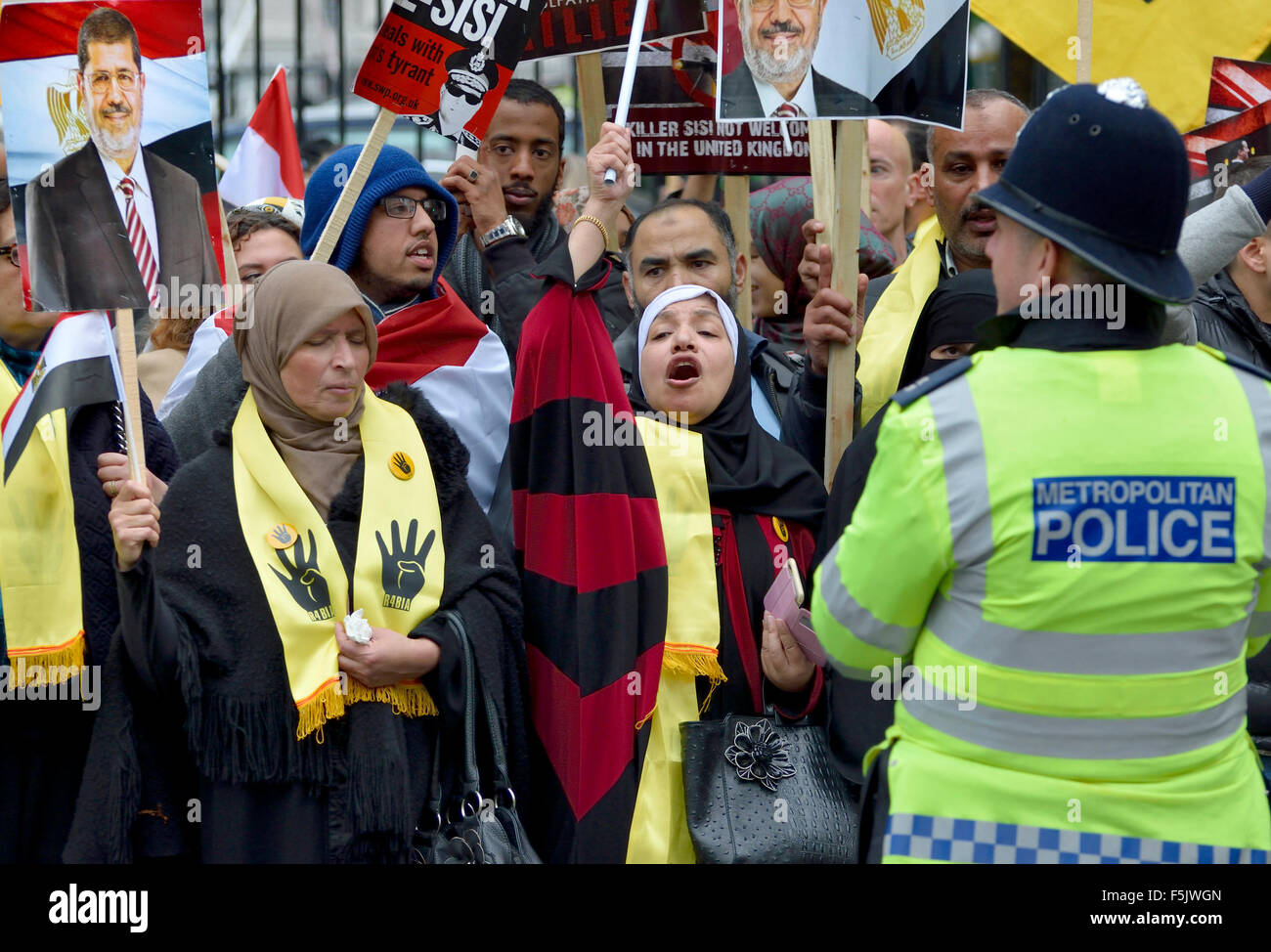 London, UK. 5. November 2015. Für und gegen Präsident Sisi Ägyptens Demonstranten protestieren in Whitehall wartet auf seine Ankunft in der Downing Street treffen der Premierminister - Demonstranten gegen den Präsidenten Credit: PjrNews/Alamy Live News Stockfoto