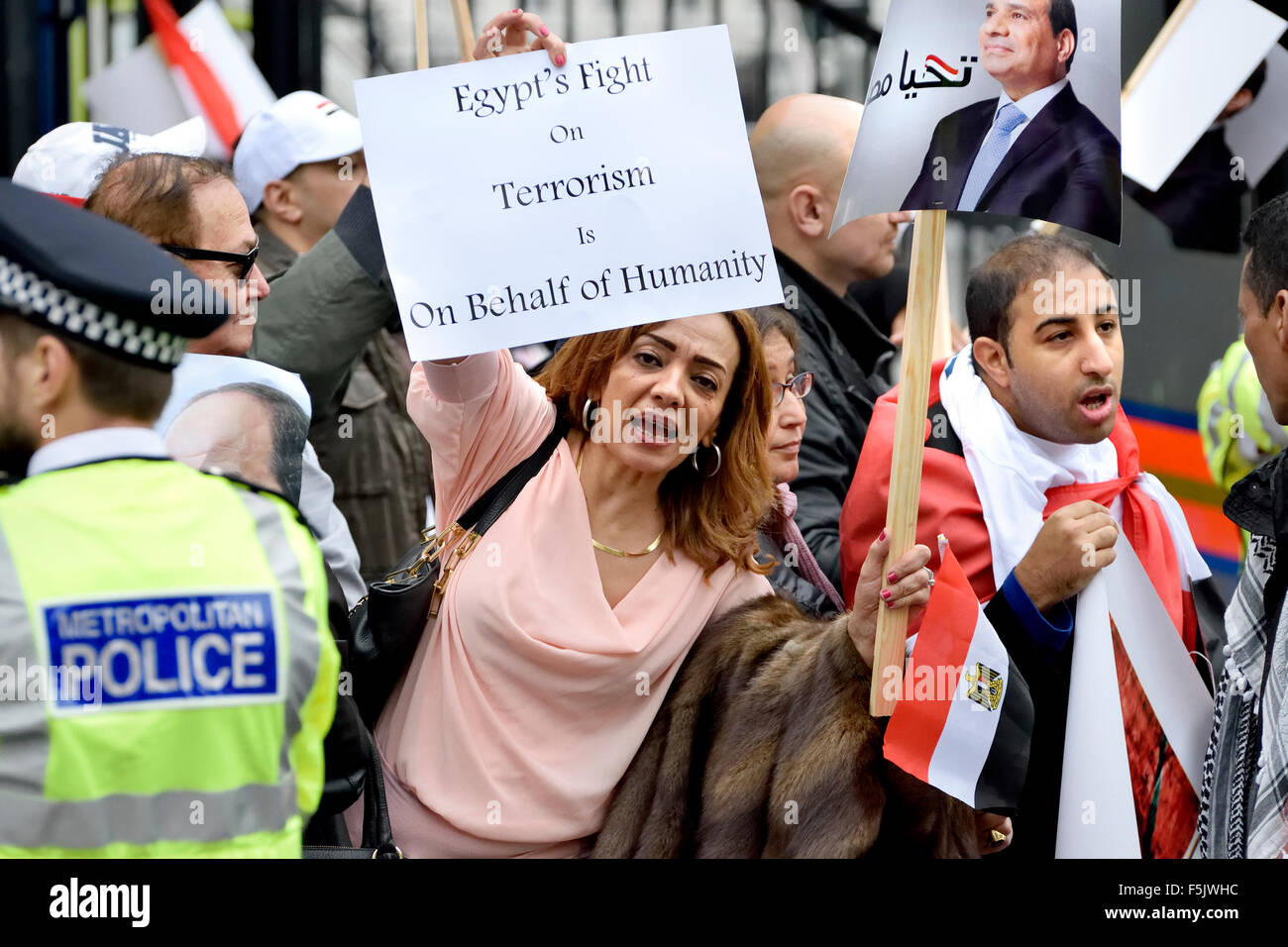 London, Großbritannien. November 2015. Demonstranten für und gegen den ägyptischen Präsidenten al-Sisi protestieren in Whitehall und warten auf seine Ankunft in der Downing Street, um den Premierminister zu treffen - Sisi-Unterstützer Quelle: PjrNews/Alamy Live News Stockfoto