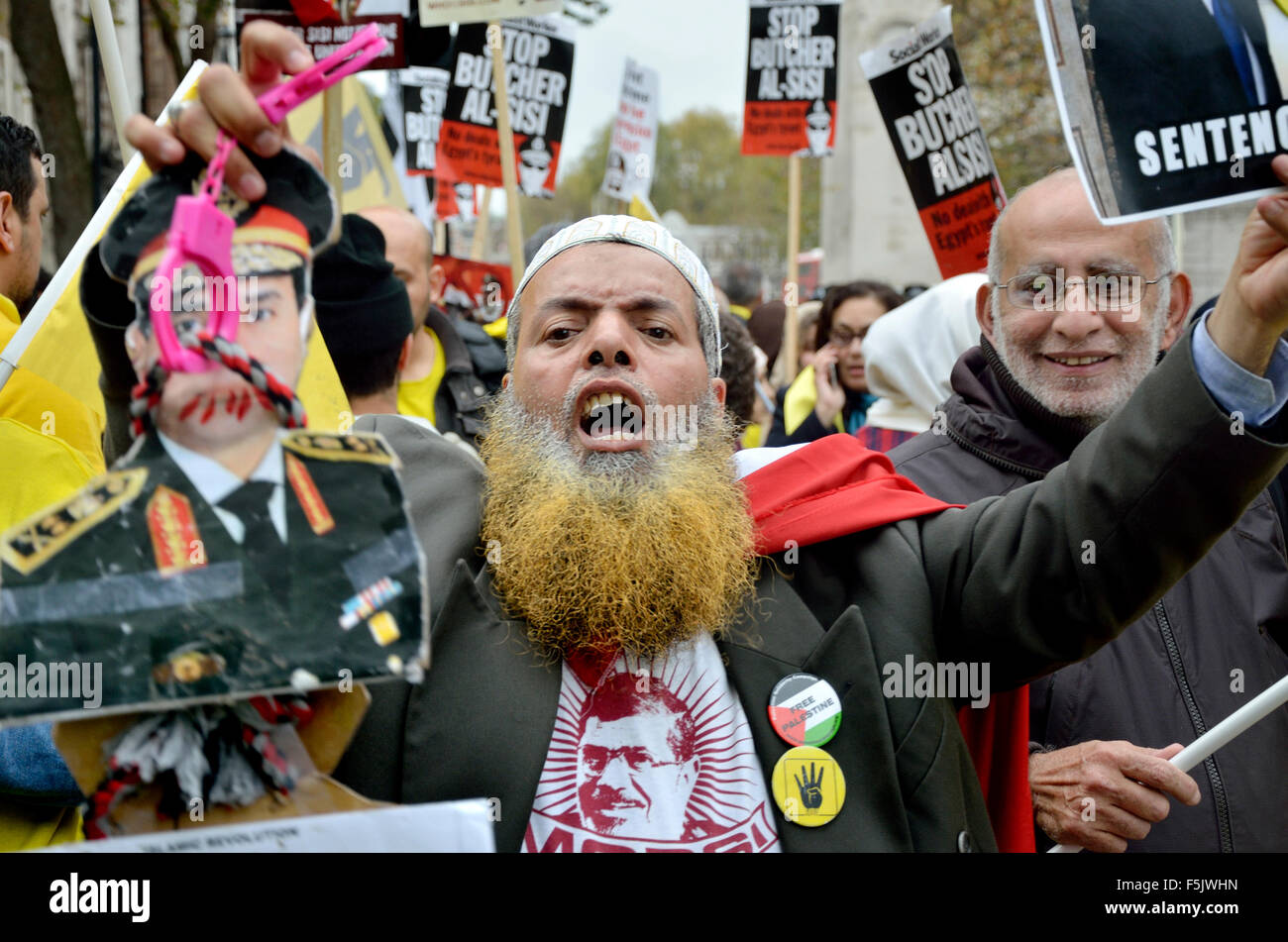 London, UK. 5. November 2015. Für und gegen Präsident al-Sisi Ägyptens Demonstranten protestieren in Whitehall wartet auf seine Ankunft in der Downing Street treffen der Premierminister - Demonstranten gegen den Präsidenten Credit: PjrNews/Alamy Live News Stockfoto