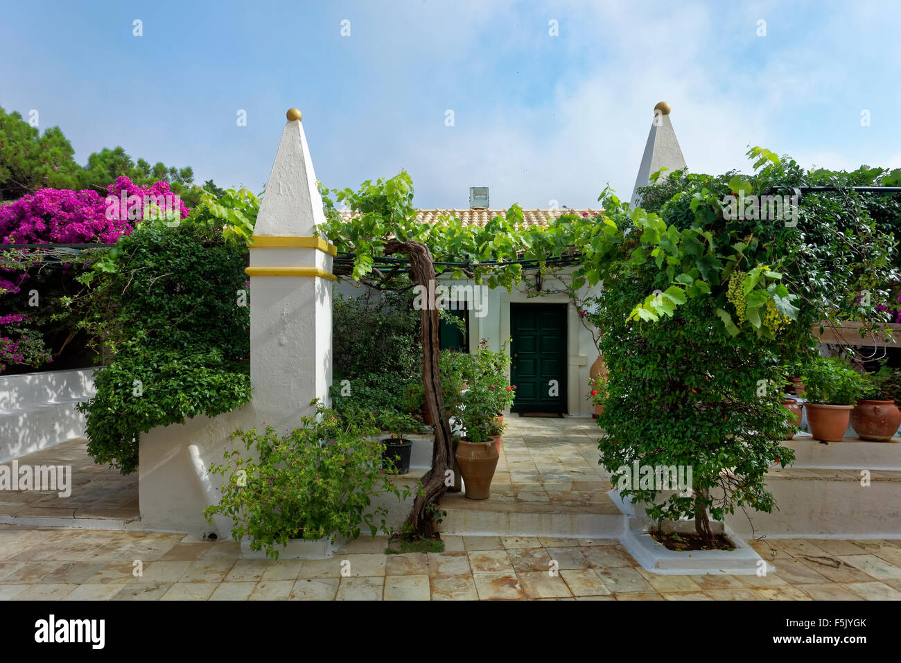 Garten Sie mit Weinreben und Obelisk im Kloster Panagia Theotokos Tis