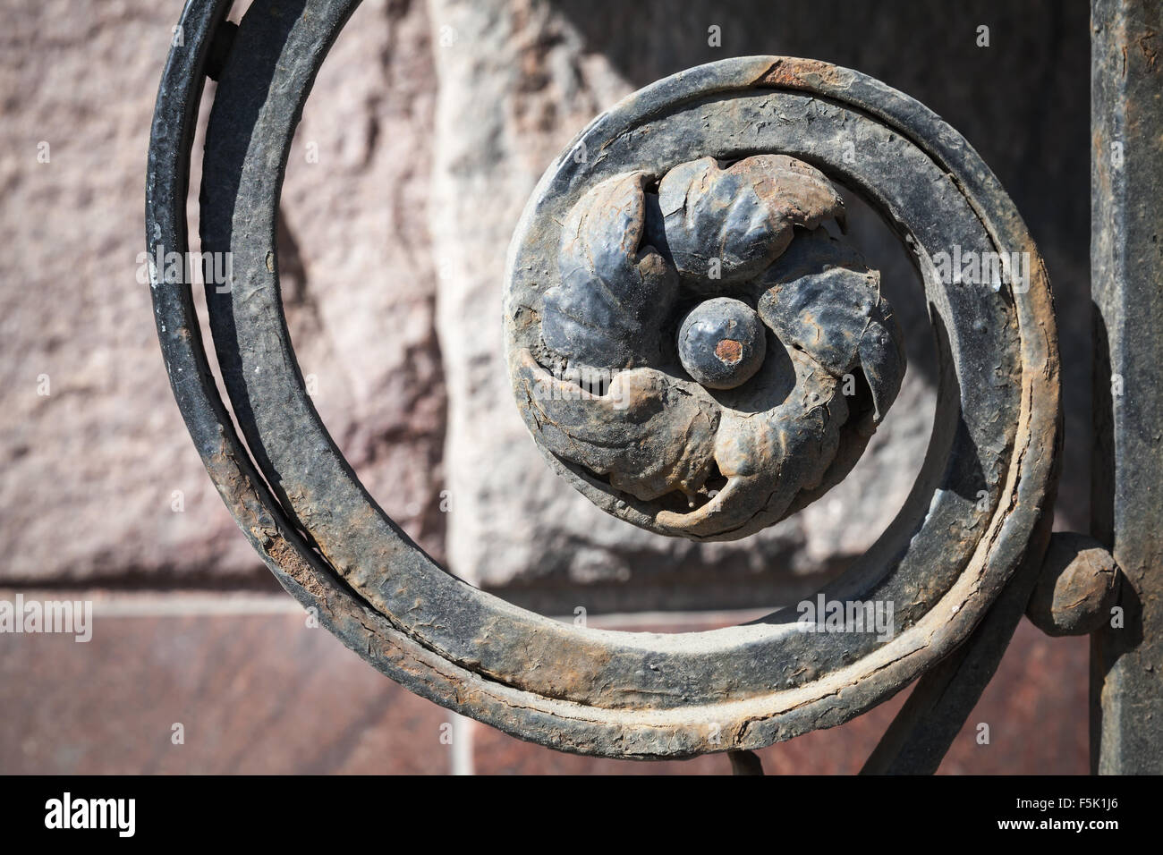 Die geschmiedeten Zaun dekoratives Element, verrosteten Blume in Spirale, St-Petersburg, Russland Stockfoto