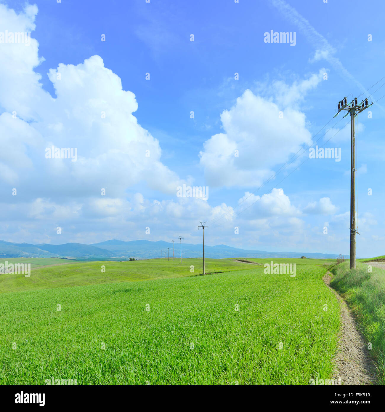 Elektrische Linie Strommasten in der grünen Wiese und einem bewölkten hellblauen Himmel im Frühling. Toskana, Italien. Stockfoto