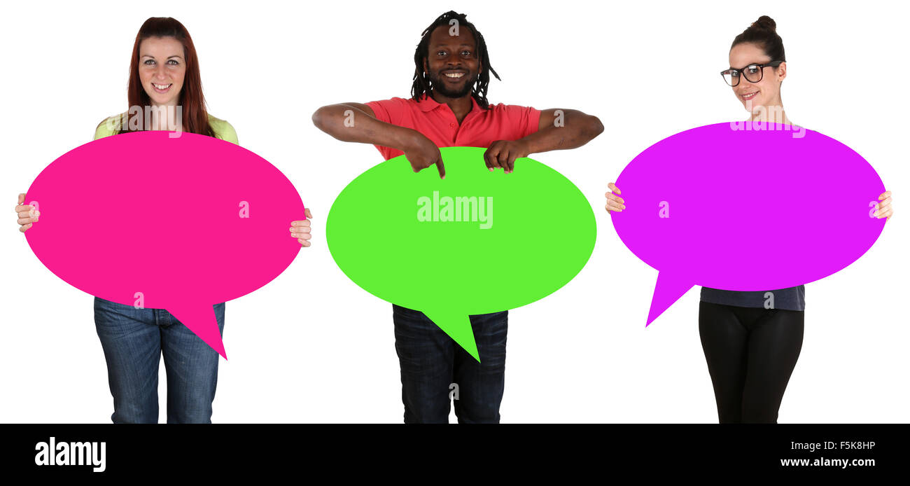 Junge Menschen mit leeren Sprechblasen mit Exemplar isoliert Stockfoto Junge Menschen mit leeren Sprechblasen mit Exemplar isoliert Stockfoto