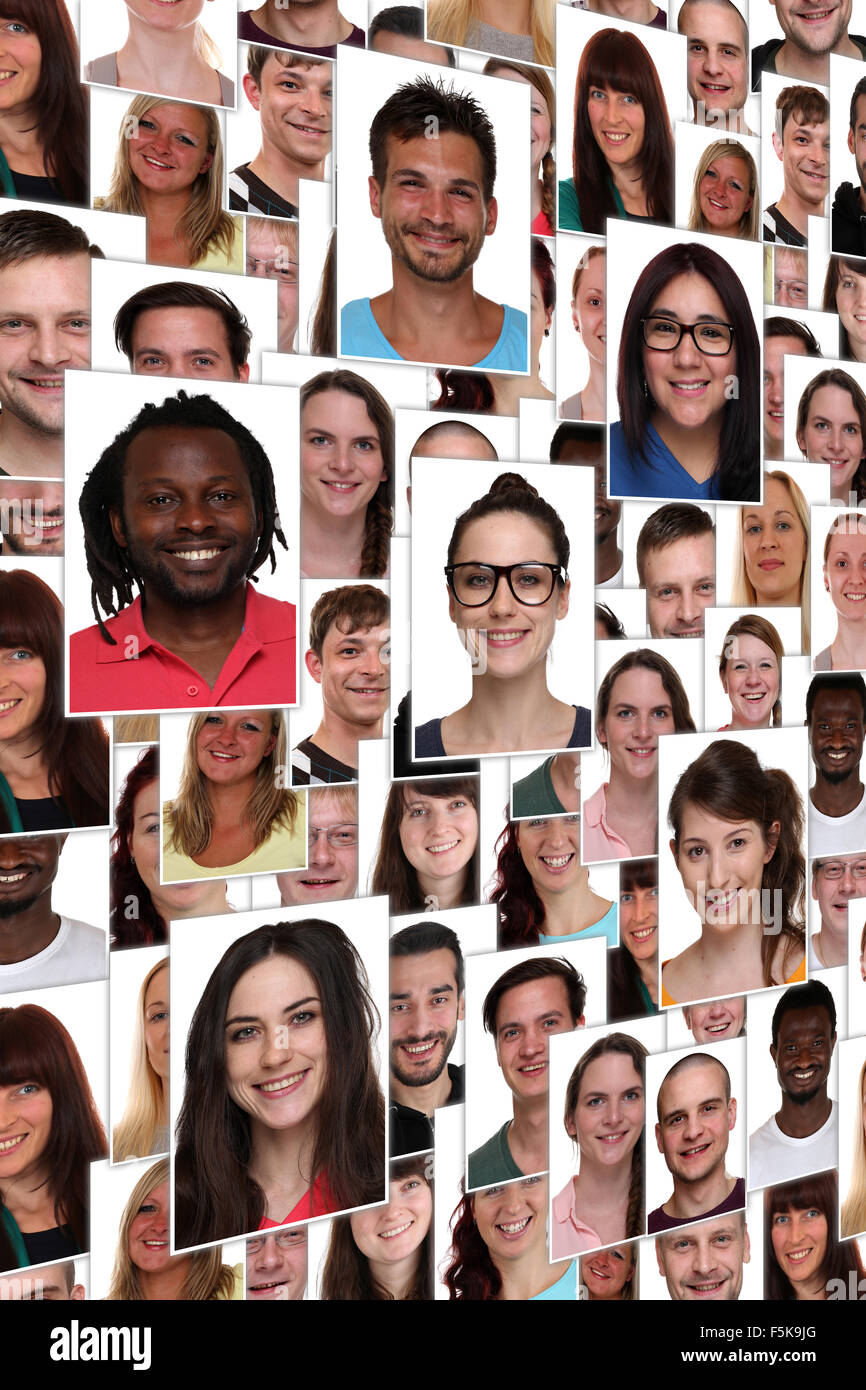 Hintergrund Collage Gruppenbild der gemischtrassigen junge glücklich lächelnde Menschen Stockfoto