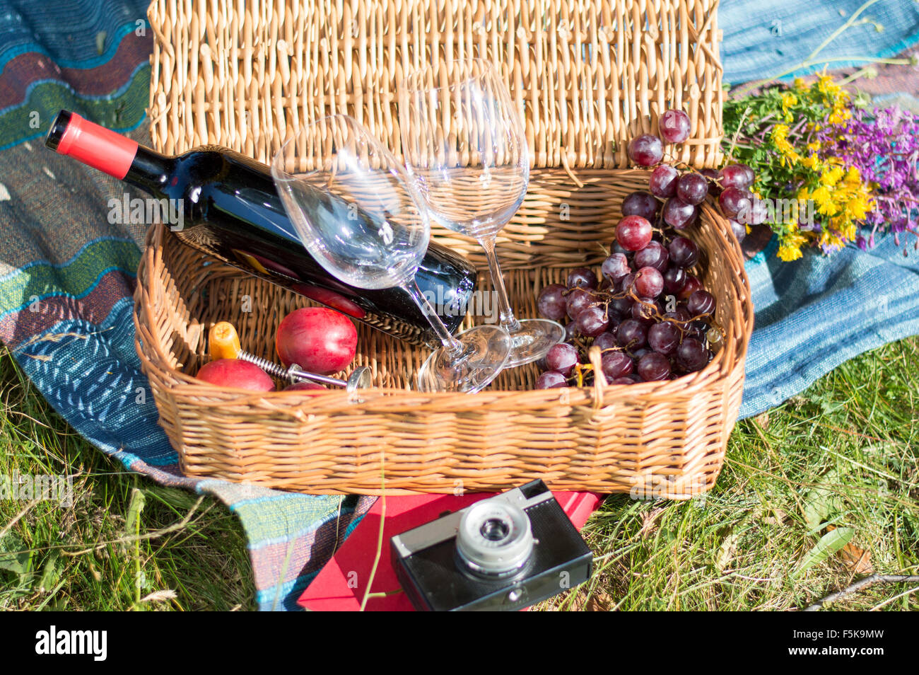 Picknick-Ausrüstung in einem Weidenkorb auf einem Blaknket im freien Stockfoto