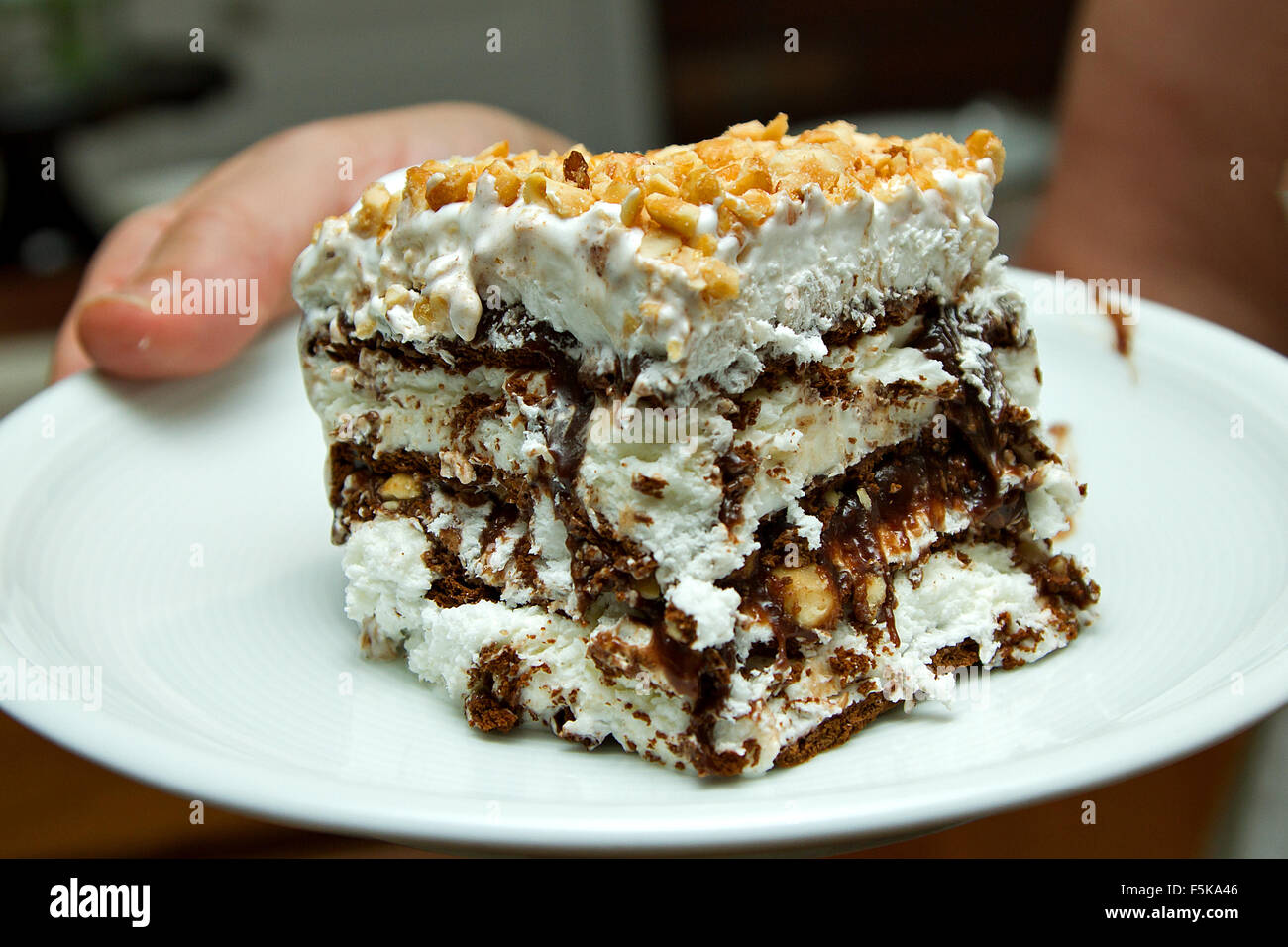 Ein schokoladiges Dessert aus Eis und Kuchen. Stockfoto