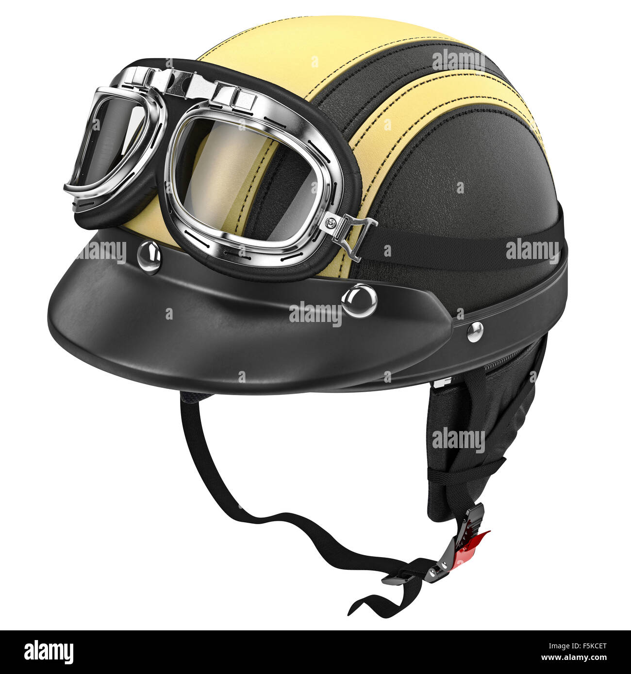 Schwarzes Leder-Motorrad-Helm mit Brille Retro-Stil Stockfoto