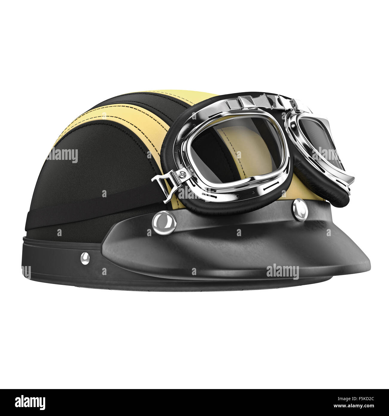 Leder Motorrad-Helm mit Brille Stockfoto