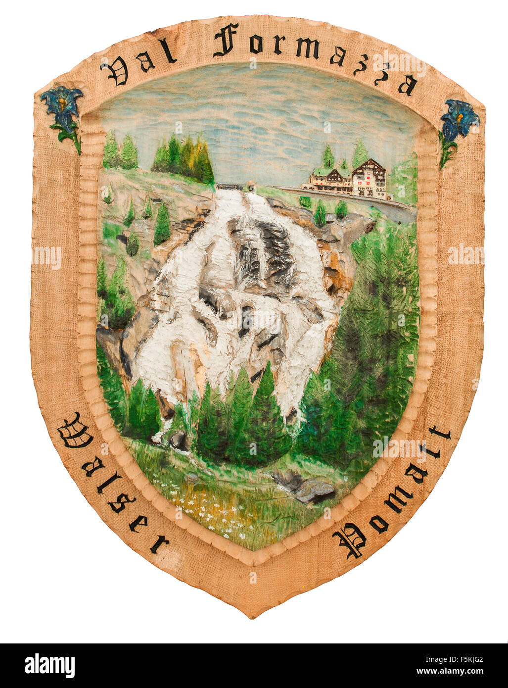 Italien Piemont Val Formazza Emblem Walser in Holz Stockfoto