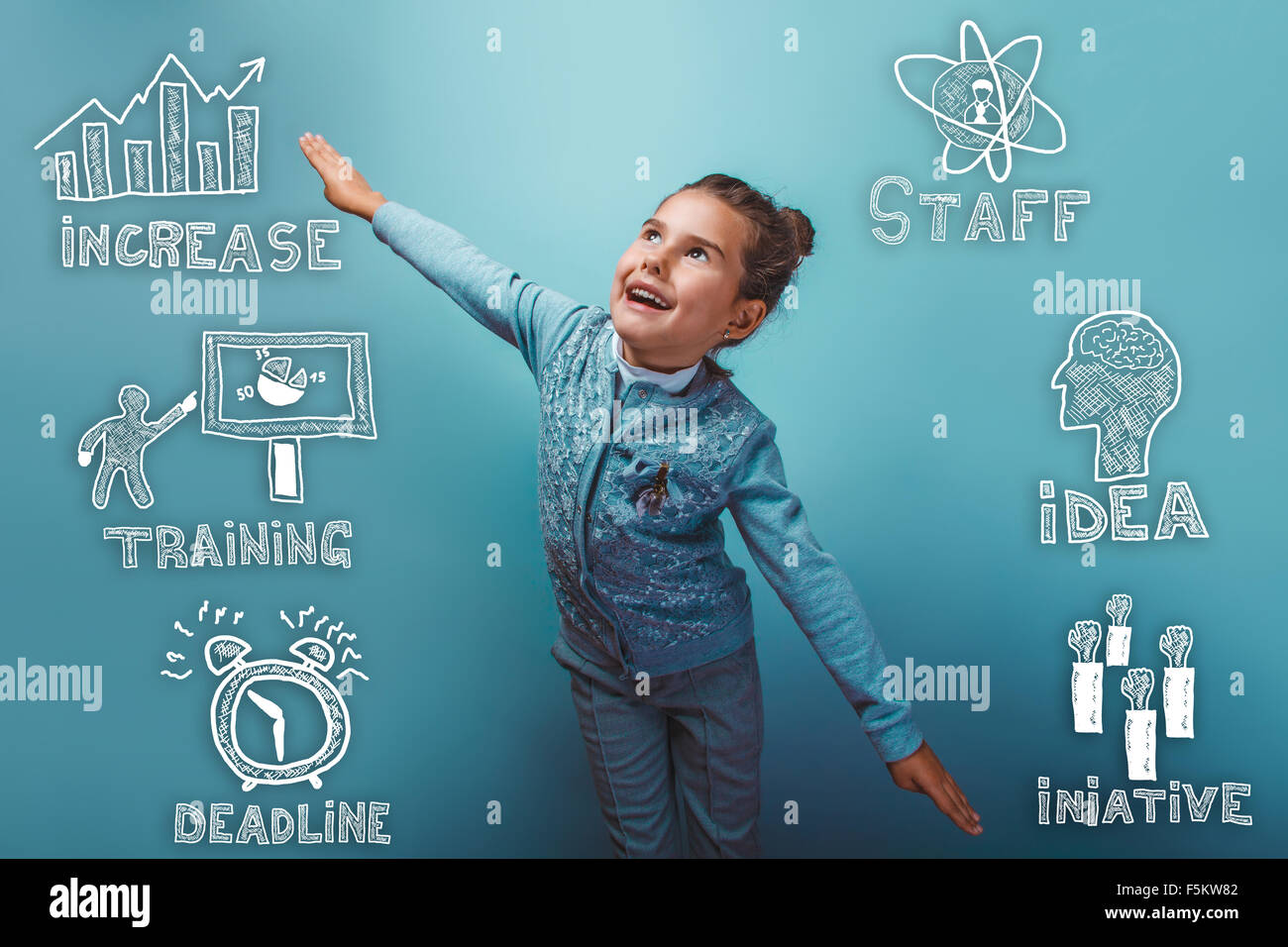 Mädchen zeigt Flug und Lachen Skizze Icons Set Geschäft strateg Stockfoto