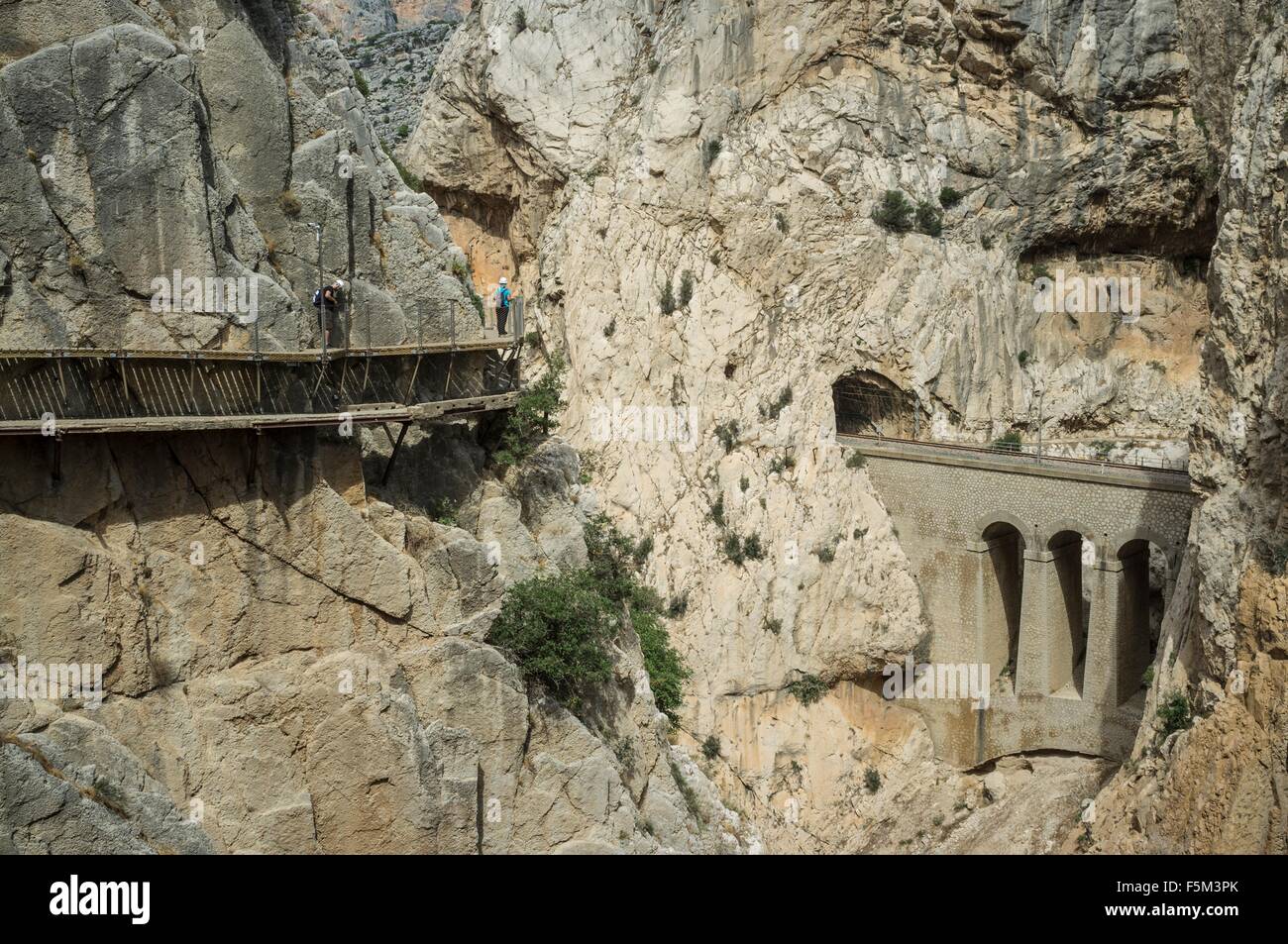 Erhöhten Blick auf Caminito Del Ray Gehweg und Brücke, El Chorro, Malaga, Spanien Stockfoto