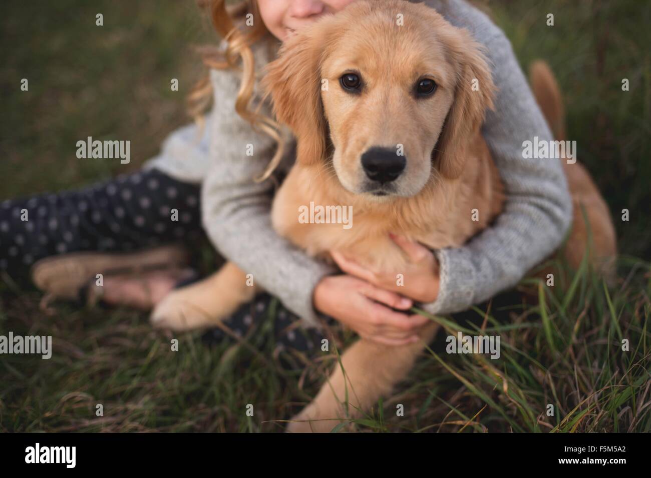 Junges Mädchen sitzen auf dem Rasen, umarmt Hund Stockfoto