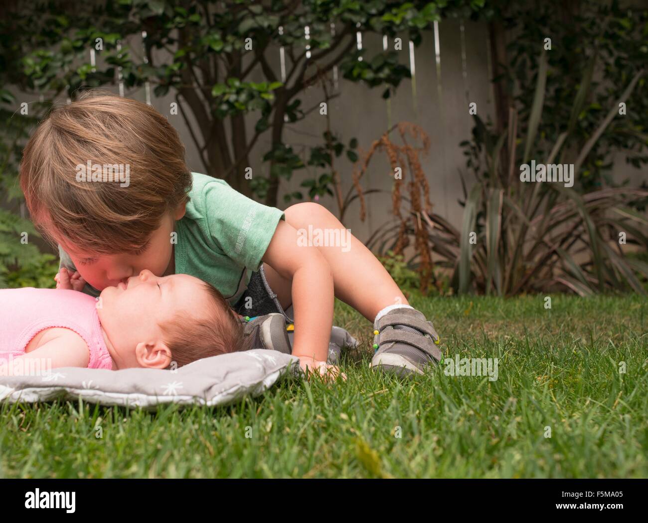 Junge, Babyschwester, im Freien zu küssen Stockfoto