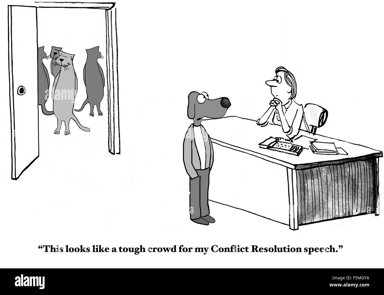 Business-Cartoon von Katzen im Hintergrund und Business Hund, "dies wie eine harte Masse für meine Rede Konfliktlösung sieht". Stockfoto