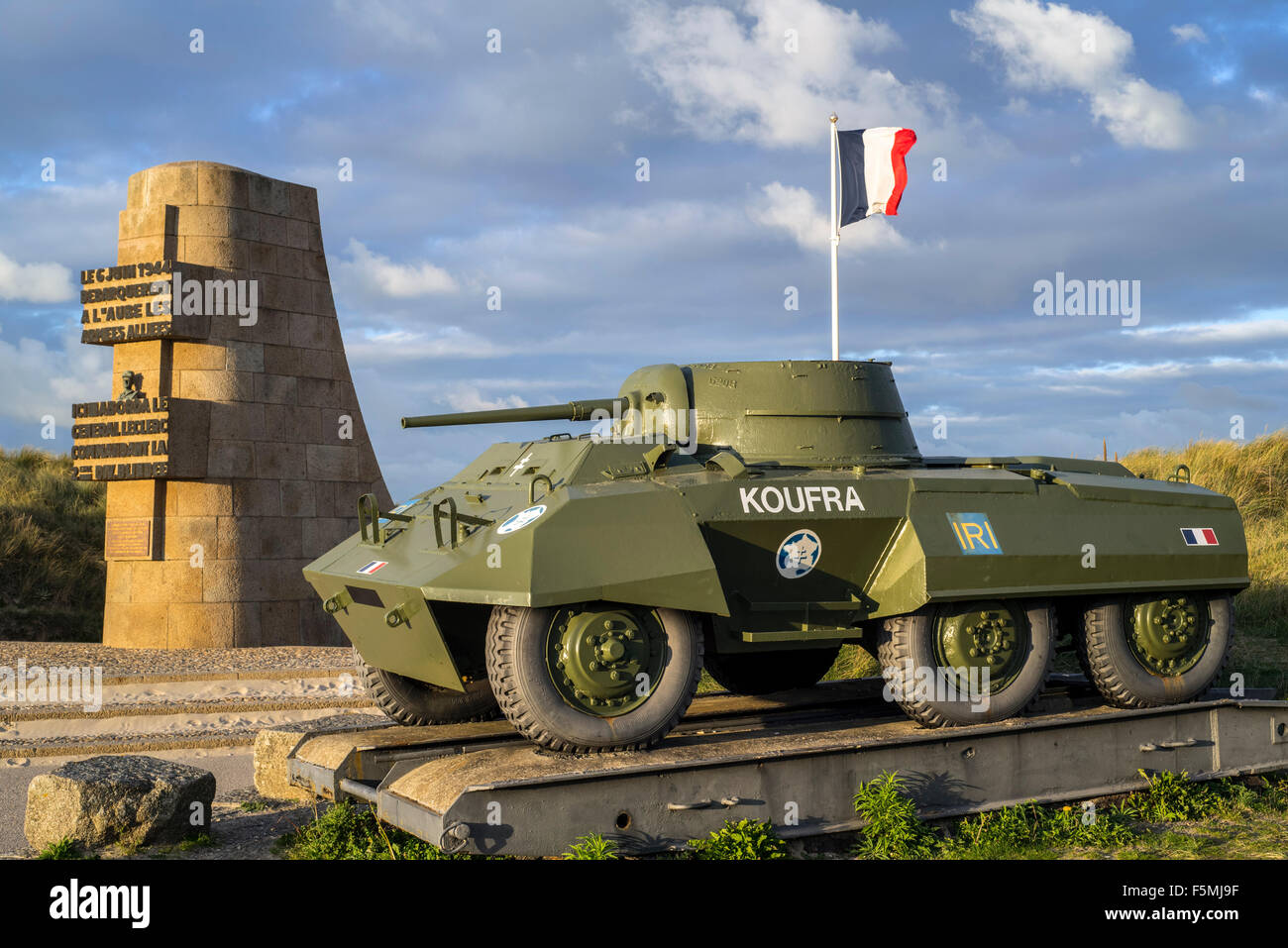 M8 Greyhound leicht gepanzerten Wagen der Forces Françaises Libres / FFL, Utah Beach, Saint-Martin-de-Varreville, Normandie, Frankreich Stockfoto
