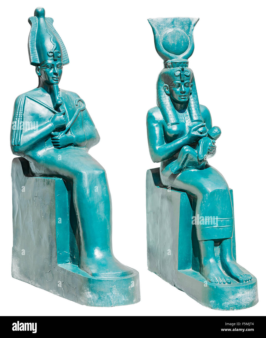 Statue des antiken Ägypten Götter Osiris und Isis mit Horus isoliert auf weißem Hintergrund Stockfoto
