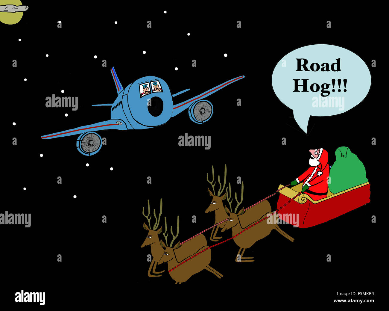 Weihnachten Cartoon zeigt ein Flugzeug über den Absturz in Santa Claus Schlitten.  Santa schreit "Road Hog!". Stockfoto