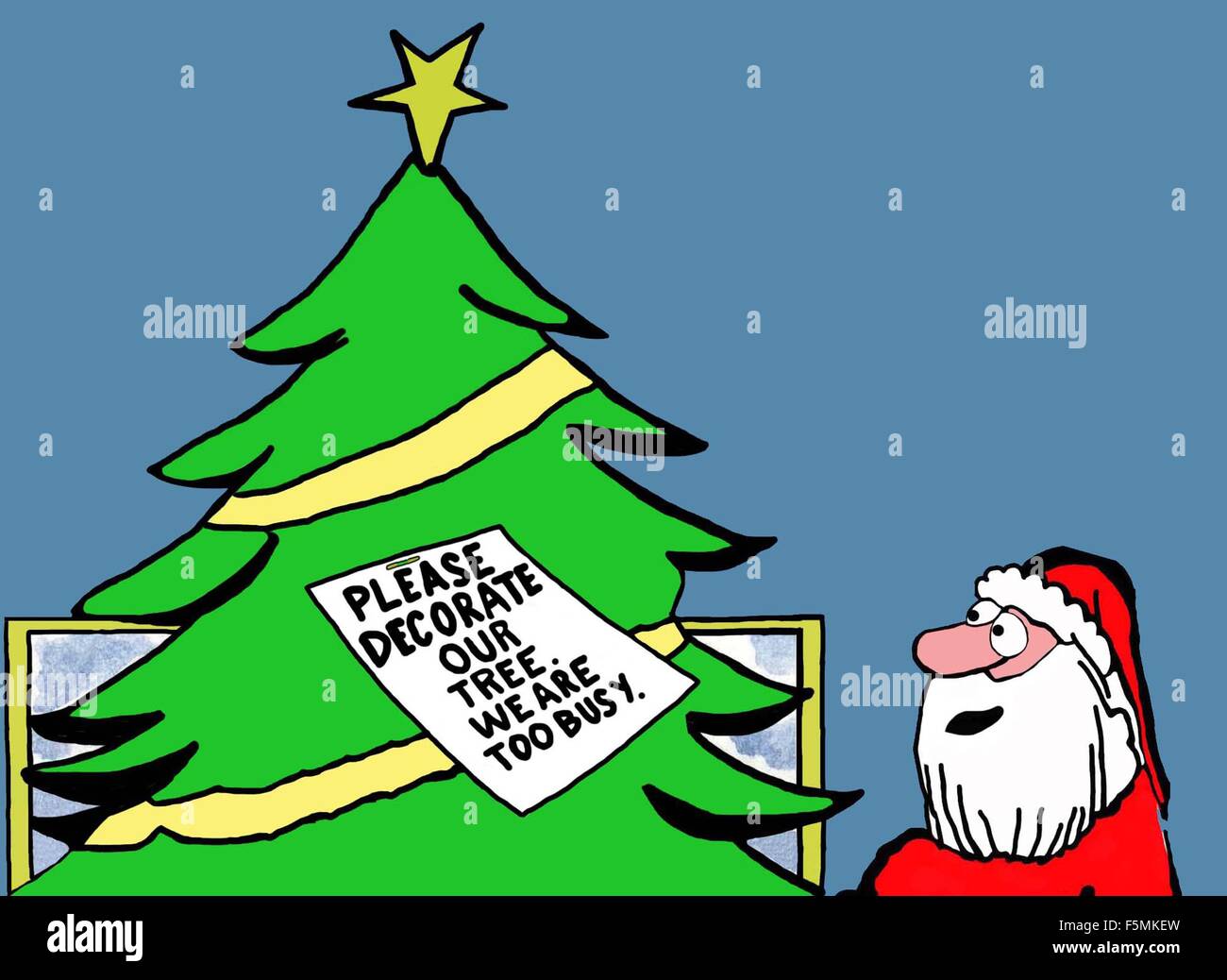 Weihnachten Cartoon von Santa Blick auf einen leeren Baum.  Ein Hinweis darauf liest "bitte unser Baum schmücken.  Wir sind zu sehr damit beschäftigt ". Stockfoto