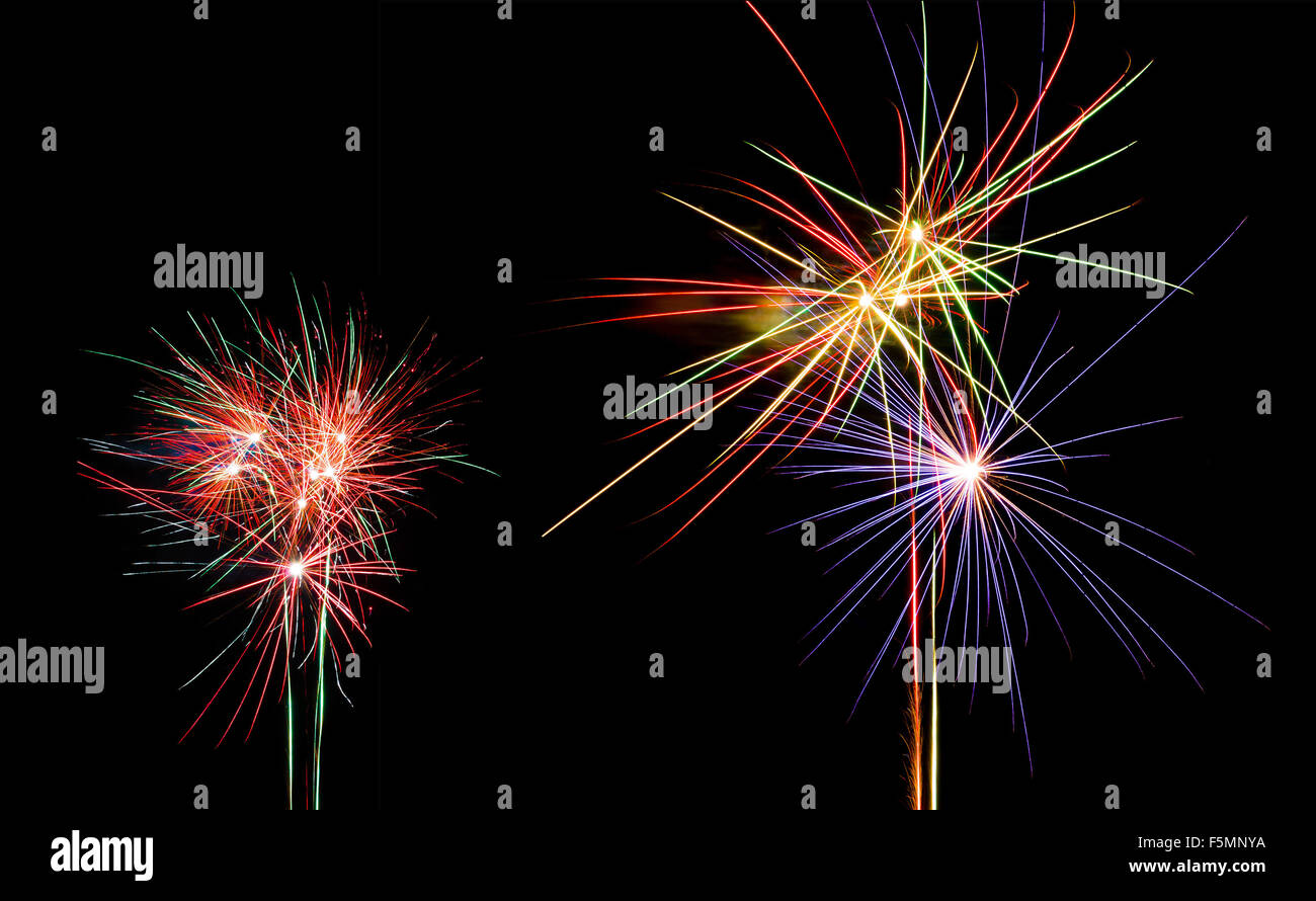 Buntes Feuerwerk vor schwarzen Himmelshintergrund Stockfoto