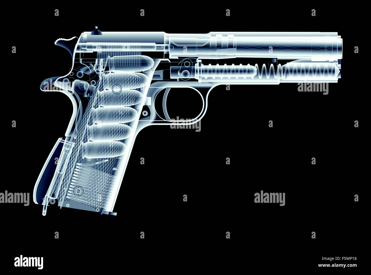 Röntgenaufnahme der Pistole auf schwarzem Hintergrund isoliert Stockfoto